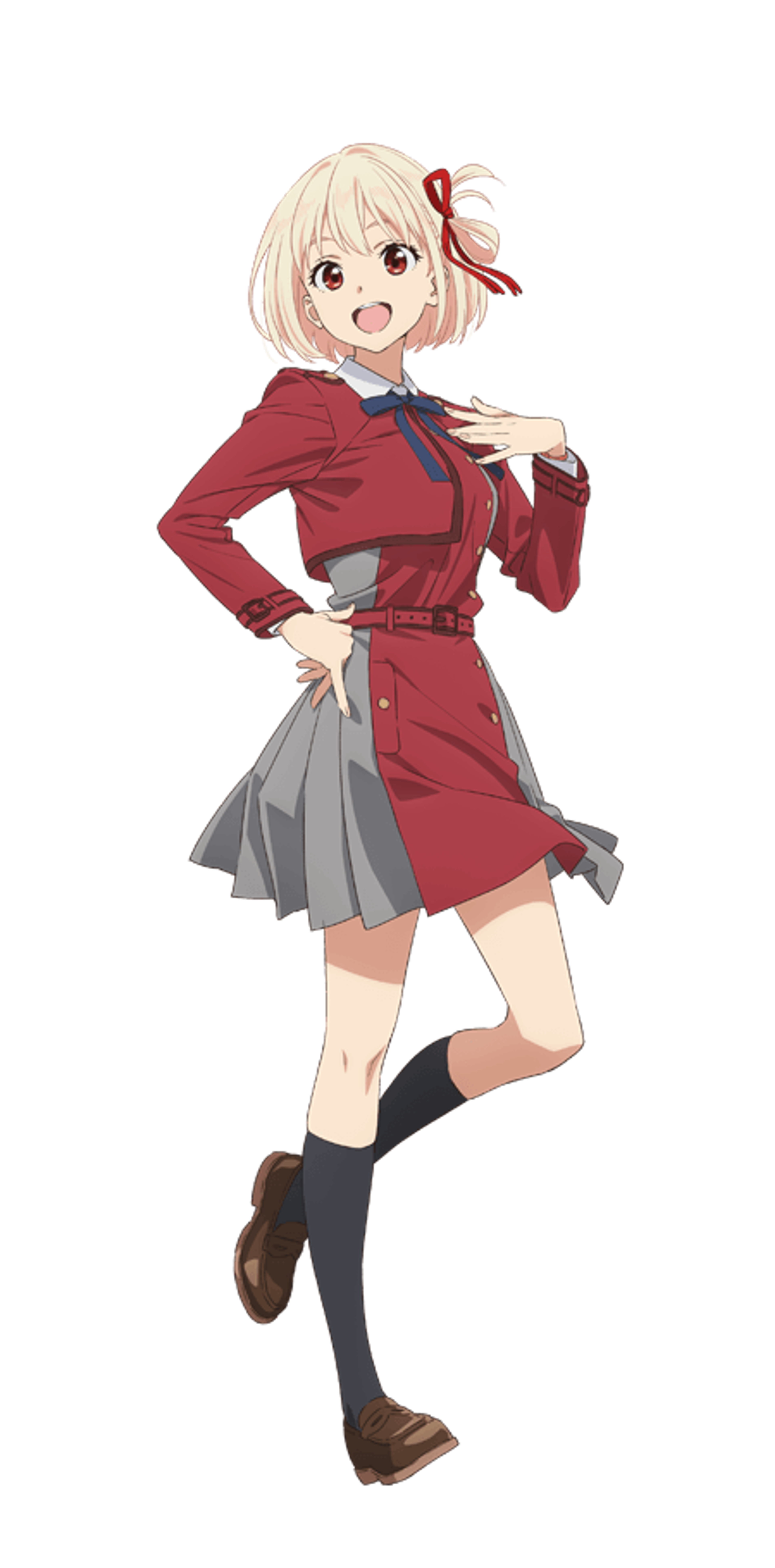 An anime-style character with short blonde hair and a red bow, wearing a red jacket and gray skirt.