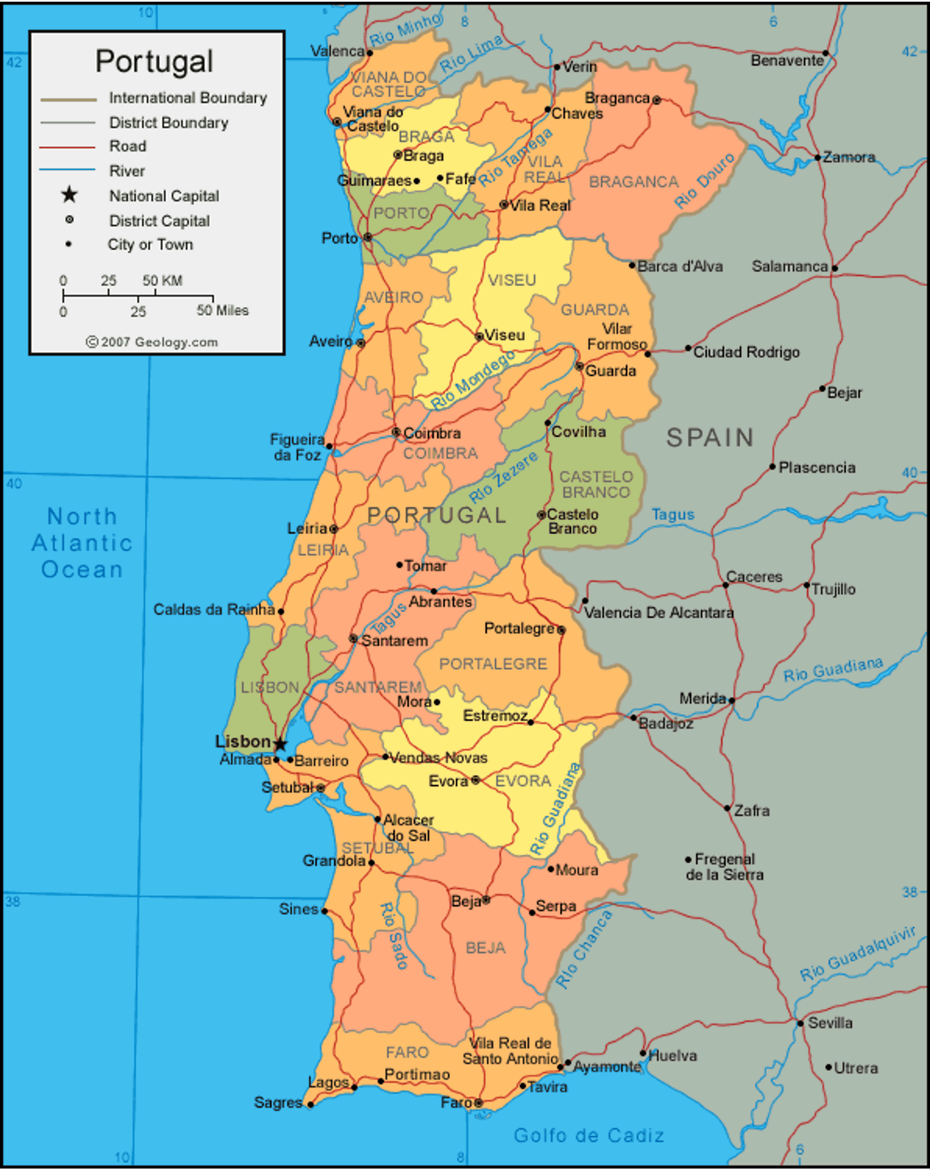 A detailed map of Portugal showing its international borders, major cities, and geographic features.