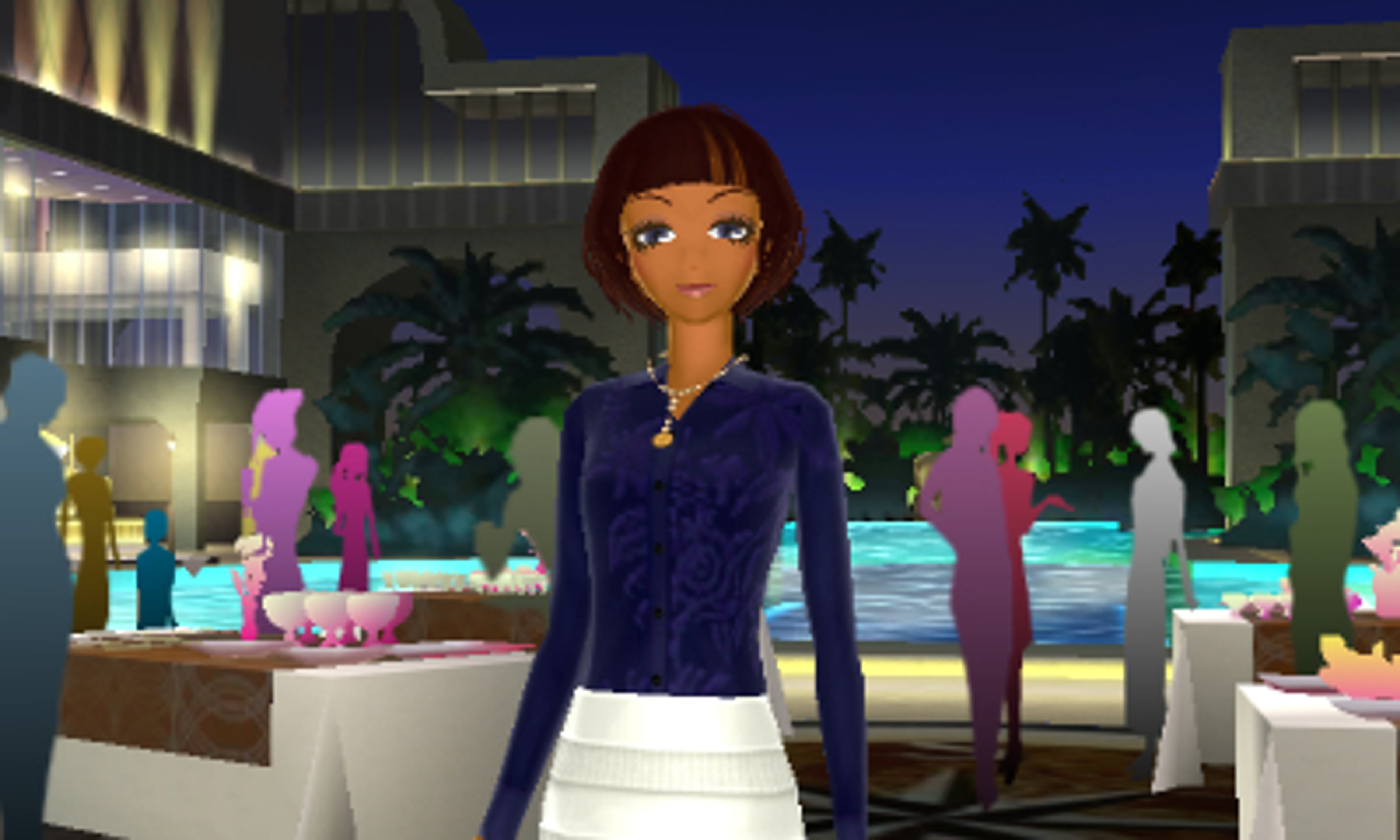 A young woman with dark hair and blue eyes wearing a navy blue top in a luxury resort setting