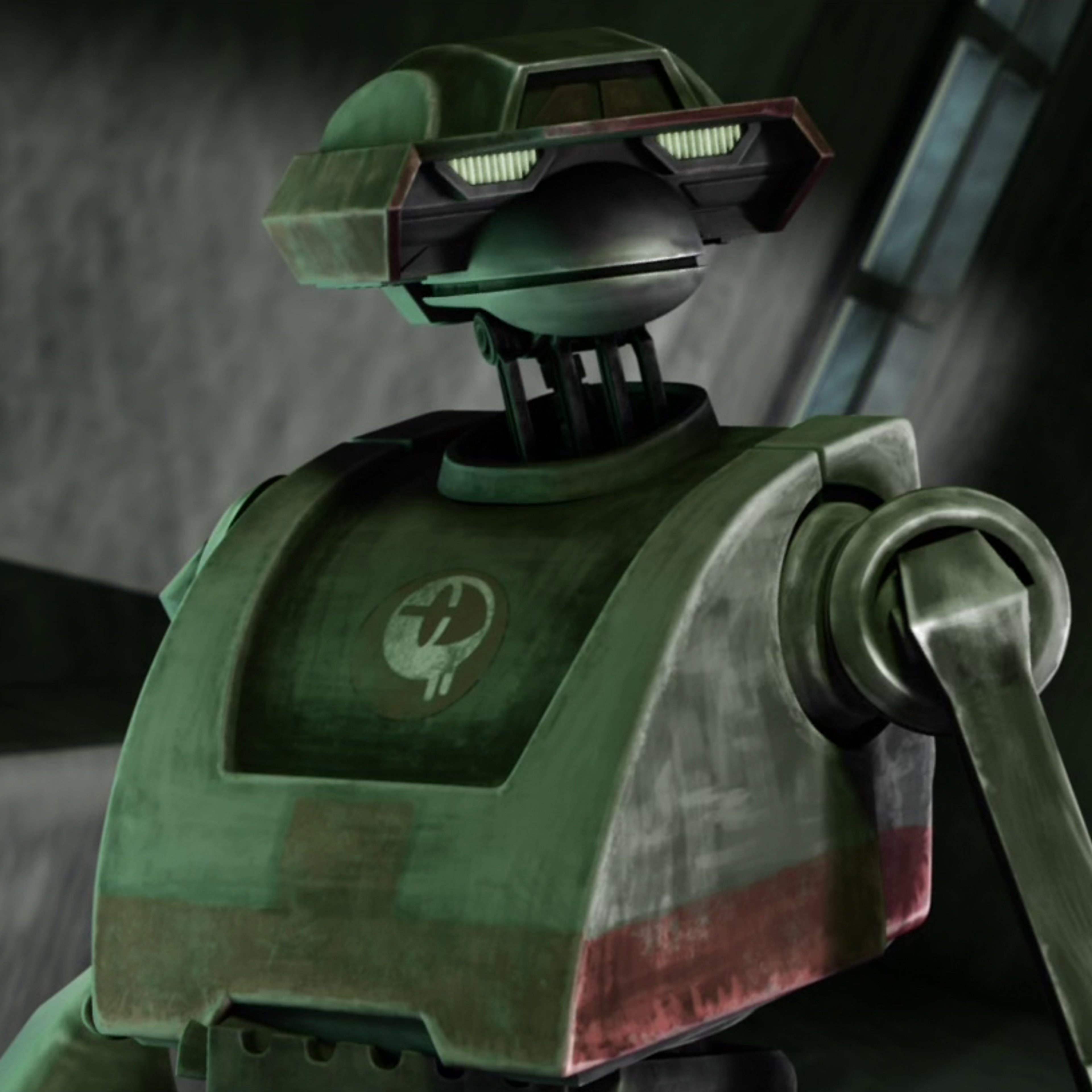 A green and gray tactical droid with red highlights