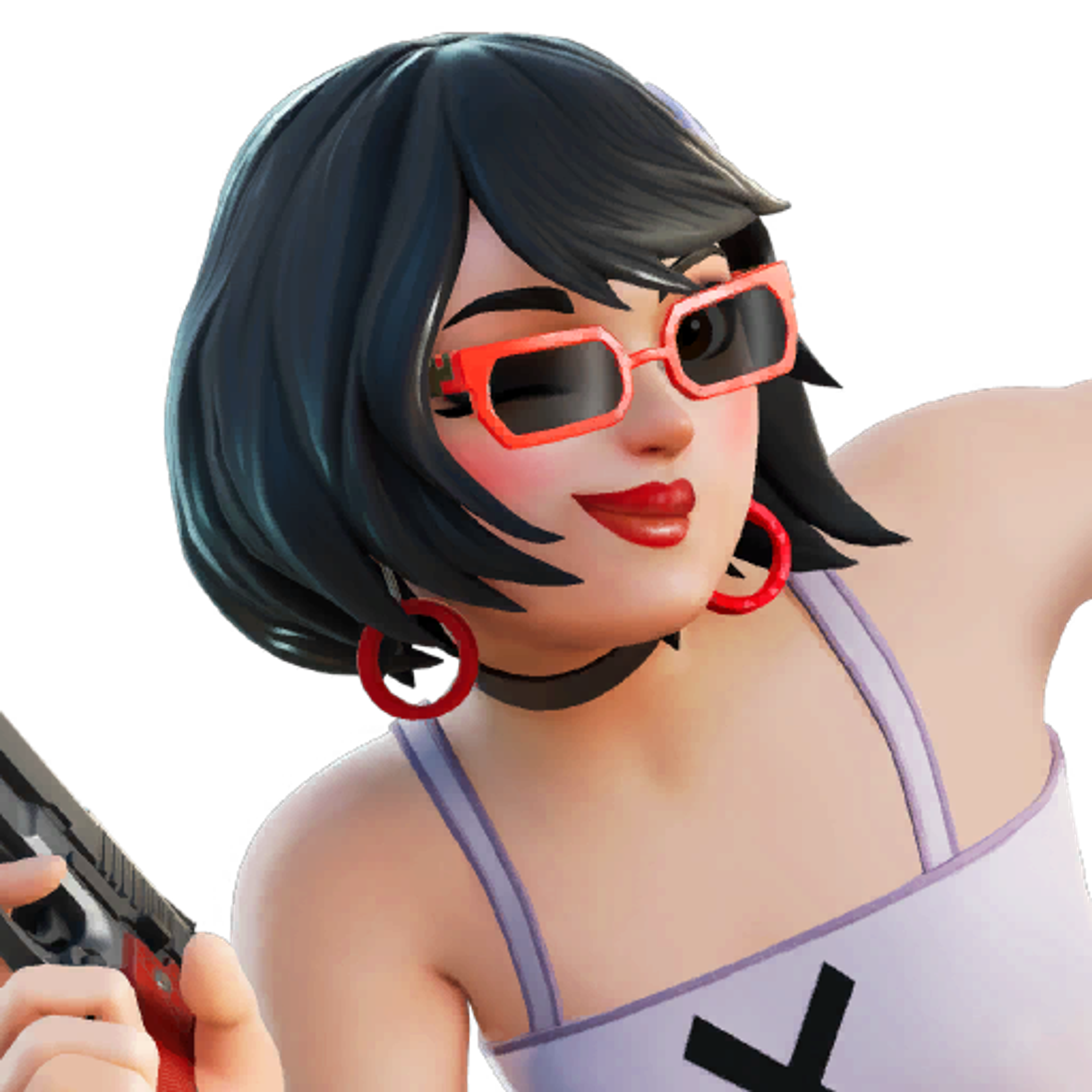 A young woman with short black hair wearing large red sunglasses and a white tank top