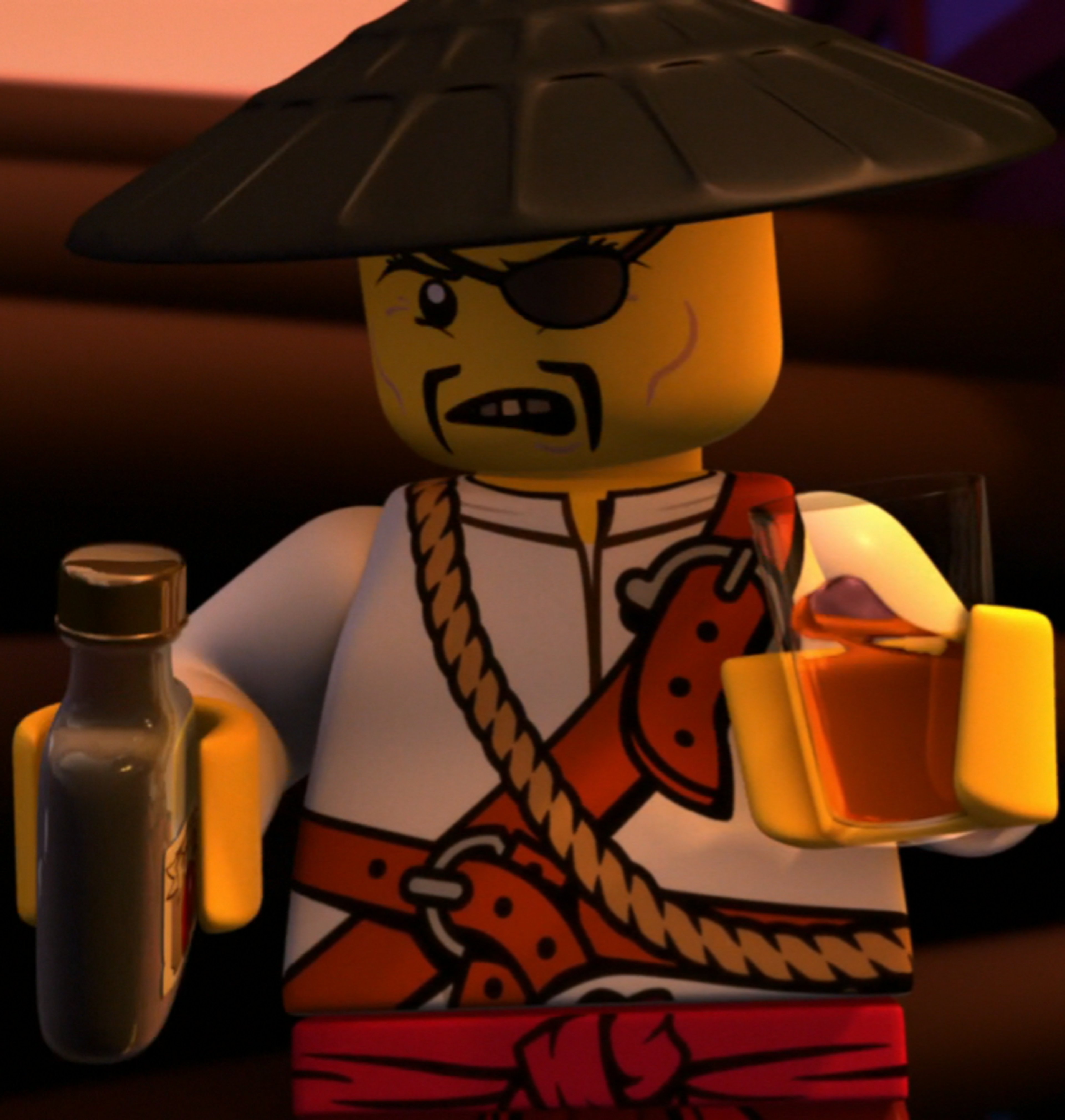 A pirate character with a weathered appearance and traditional pirate attire, holding a bottle in a dimly lit environment.