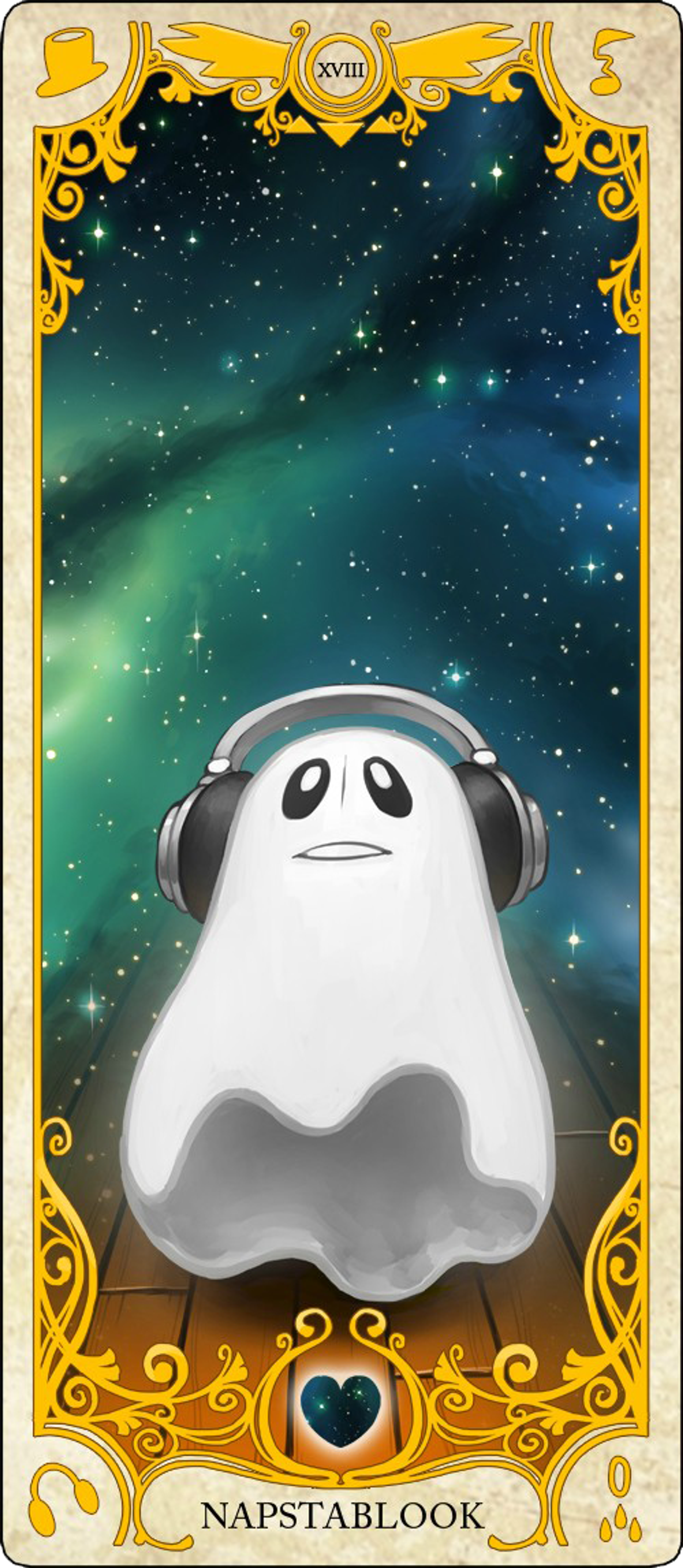 A ghostly, cartoon-like character with a round, white body and large eyes wearing headphones, floating in a starry, cosmic background.