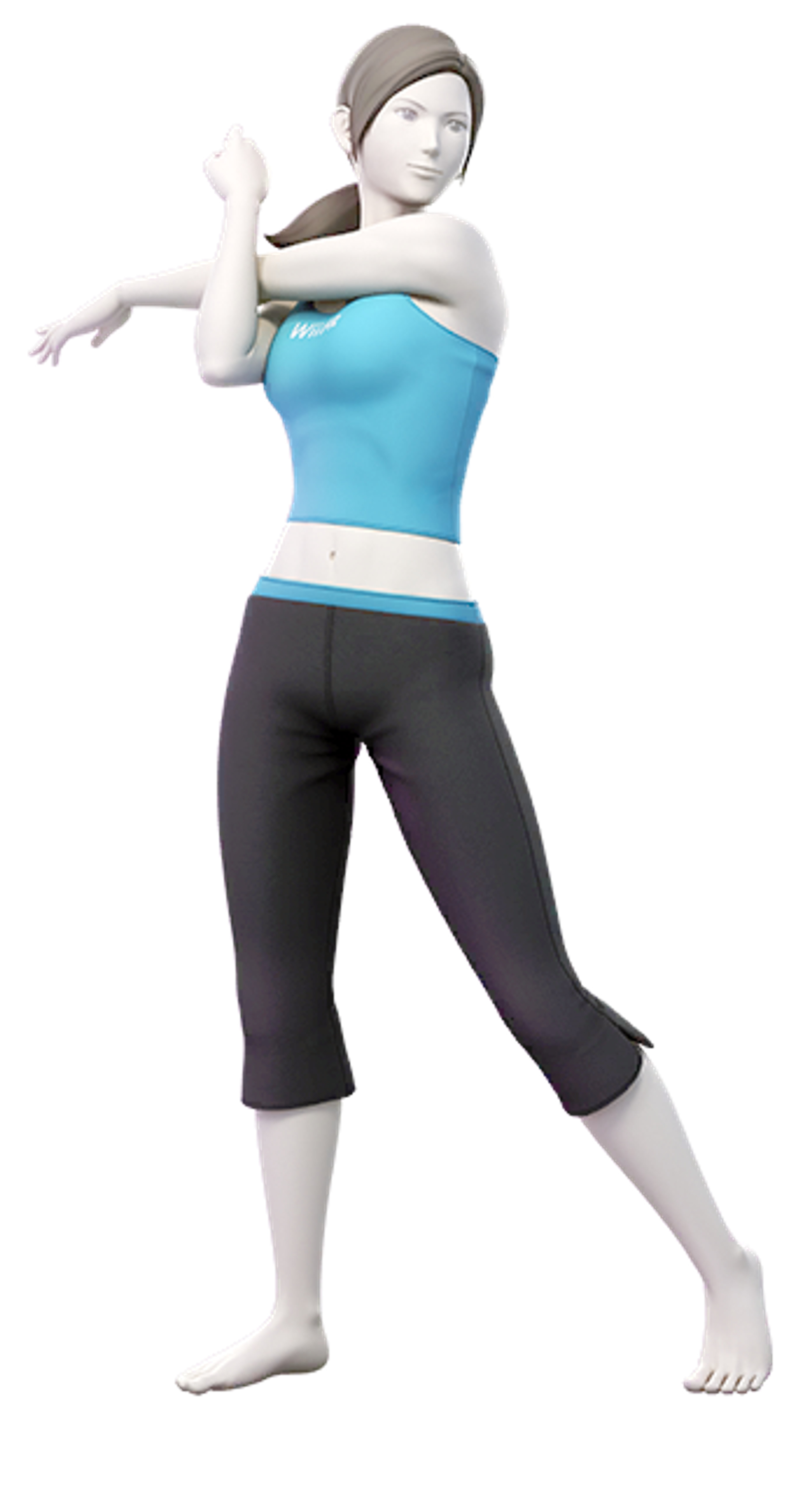 A female fitness instructor character in workout clothes, posing with arms raised.