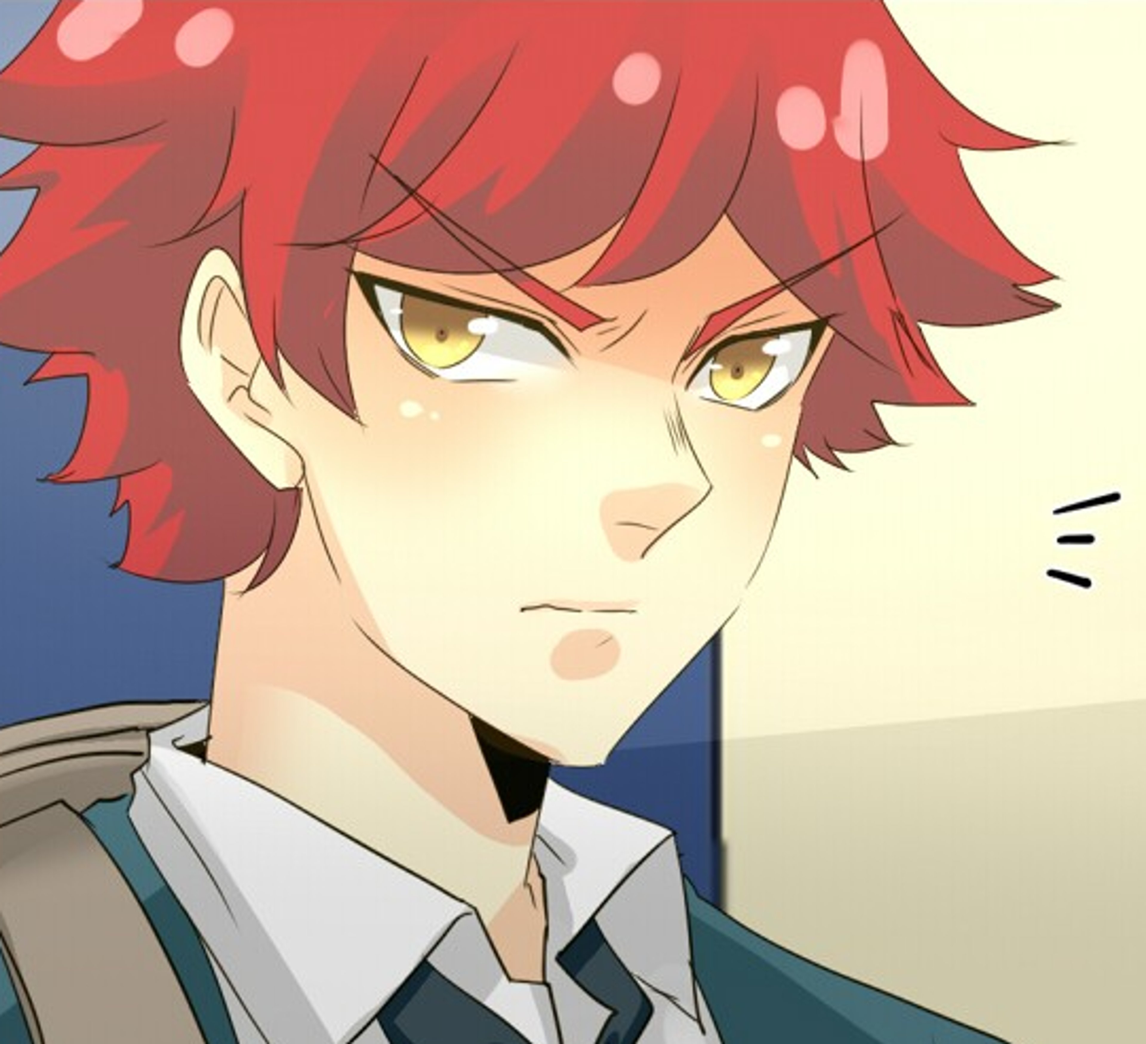 A serious-looking teenage boy with red hair and golden eyes wearing a school uniform