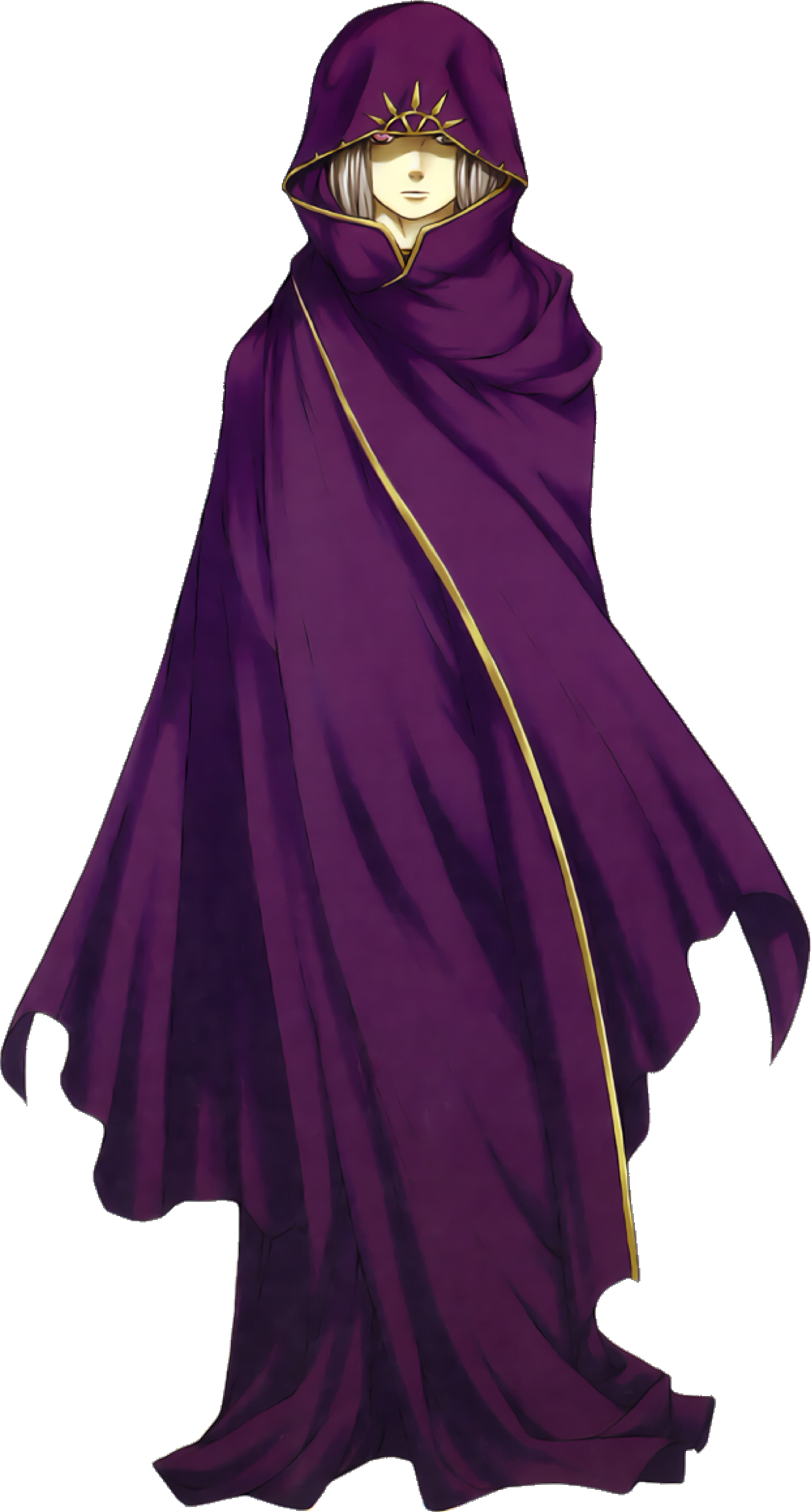 A hooded figure in a long purple robe holding a staff or scepter
