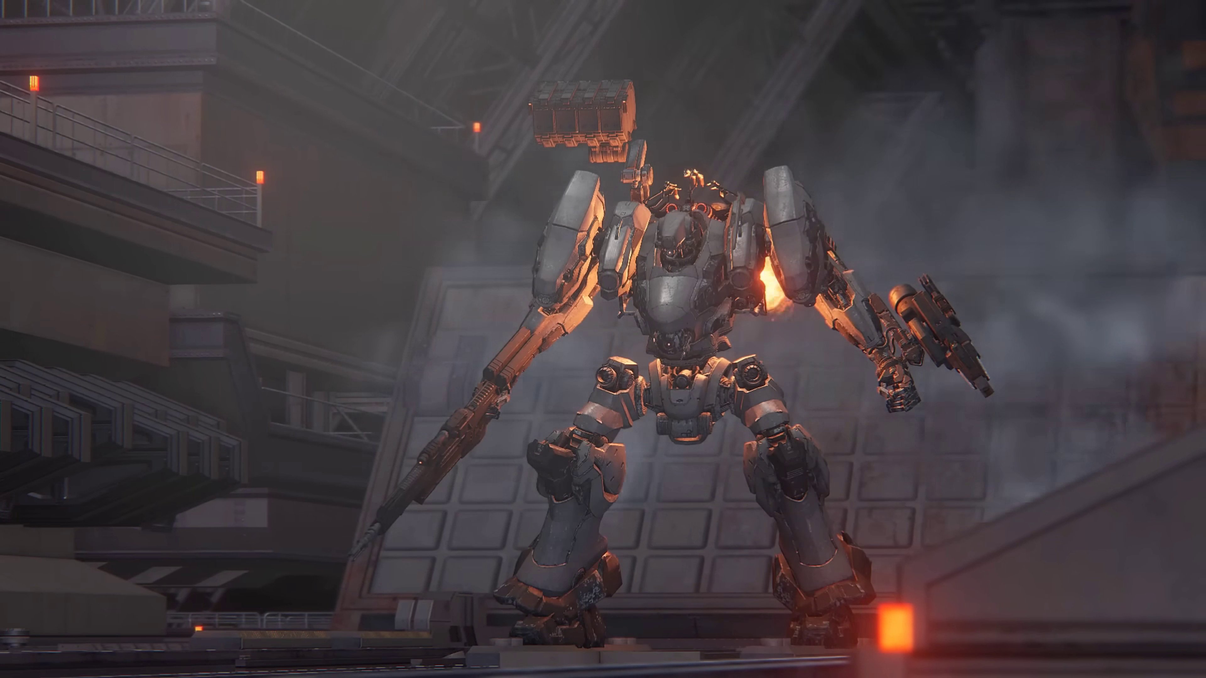 A detailed futuristic mecha or armored suit with an aggressive, angular design.