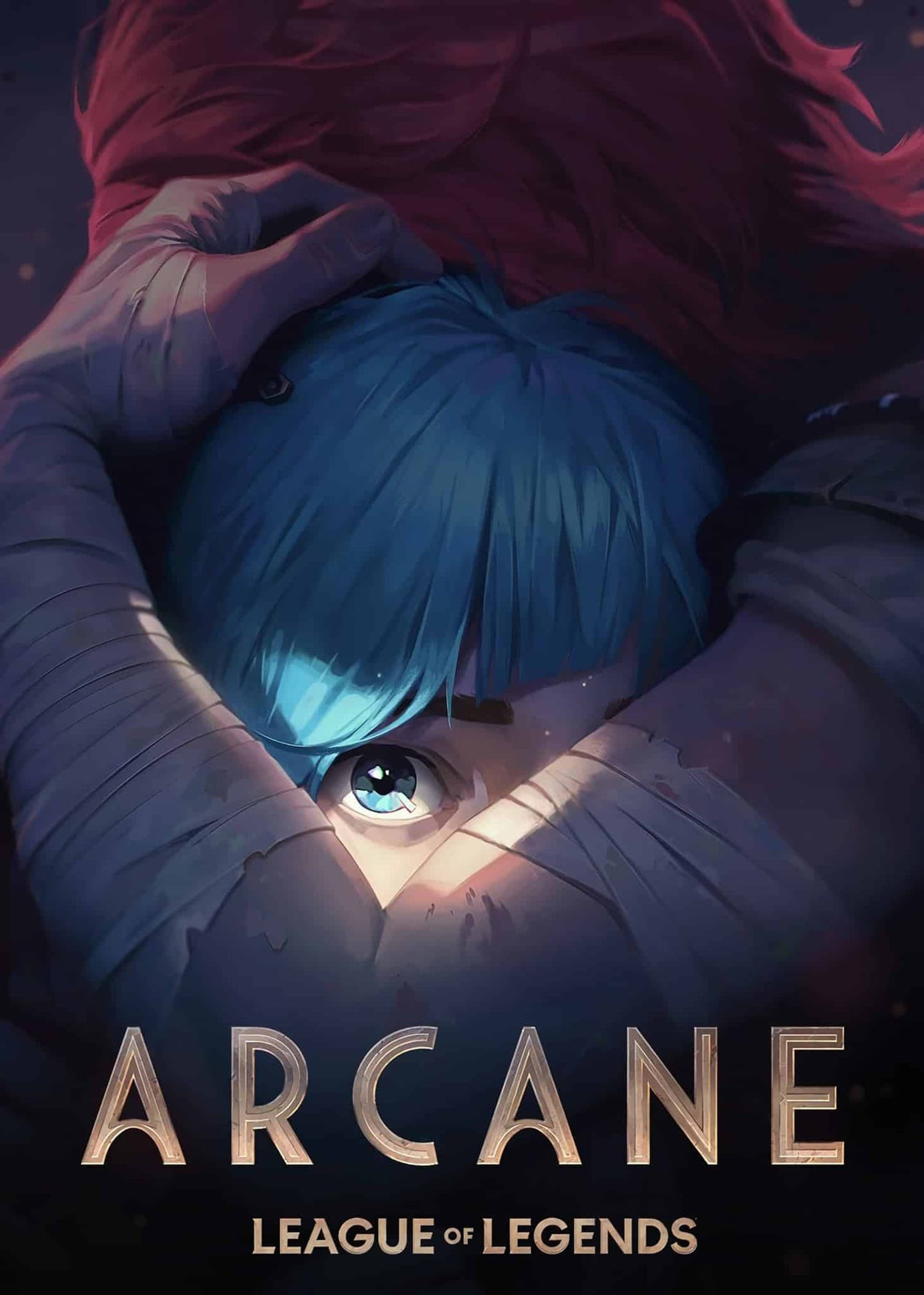 A close-up portrait of a character with blue hair and eyes, wearing a dark red or purple outfit.