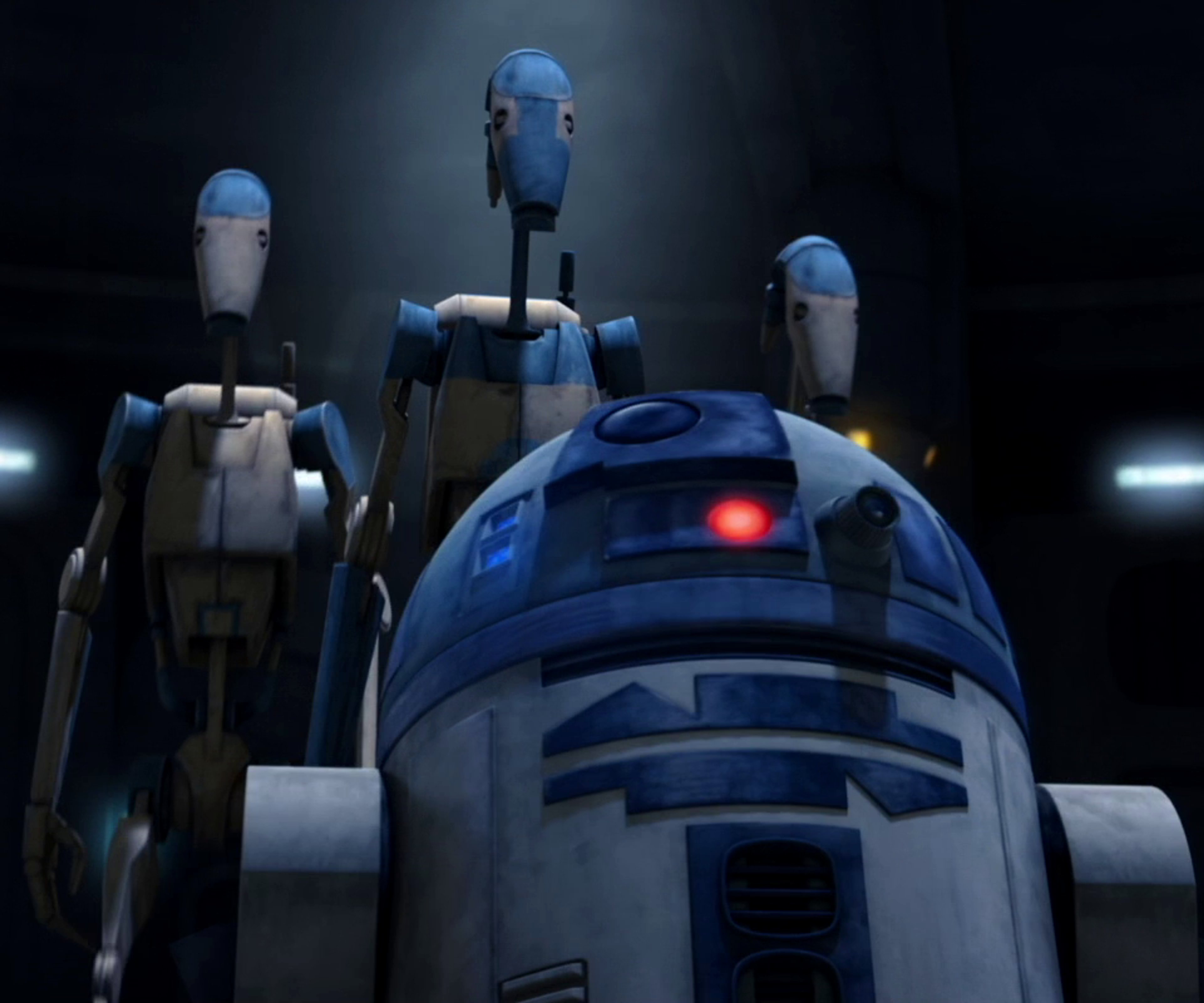Three B1-series battle droids from the Star Wars universe standing in a dark, industrial-looking environment.