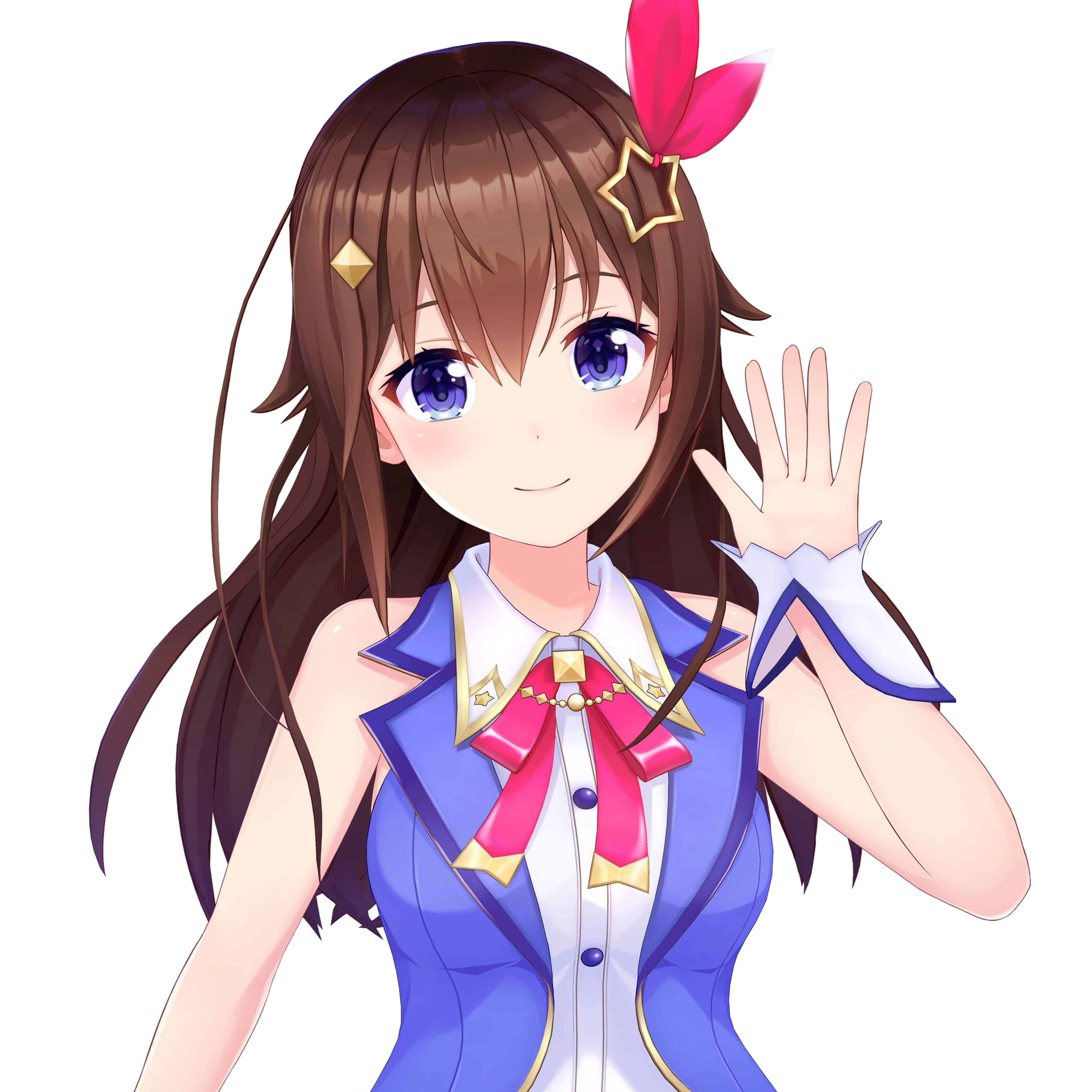 An anime-style character with long brown hair, blue eyes, and a cheerful expression wearing a blue school uniform.