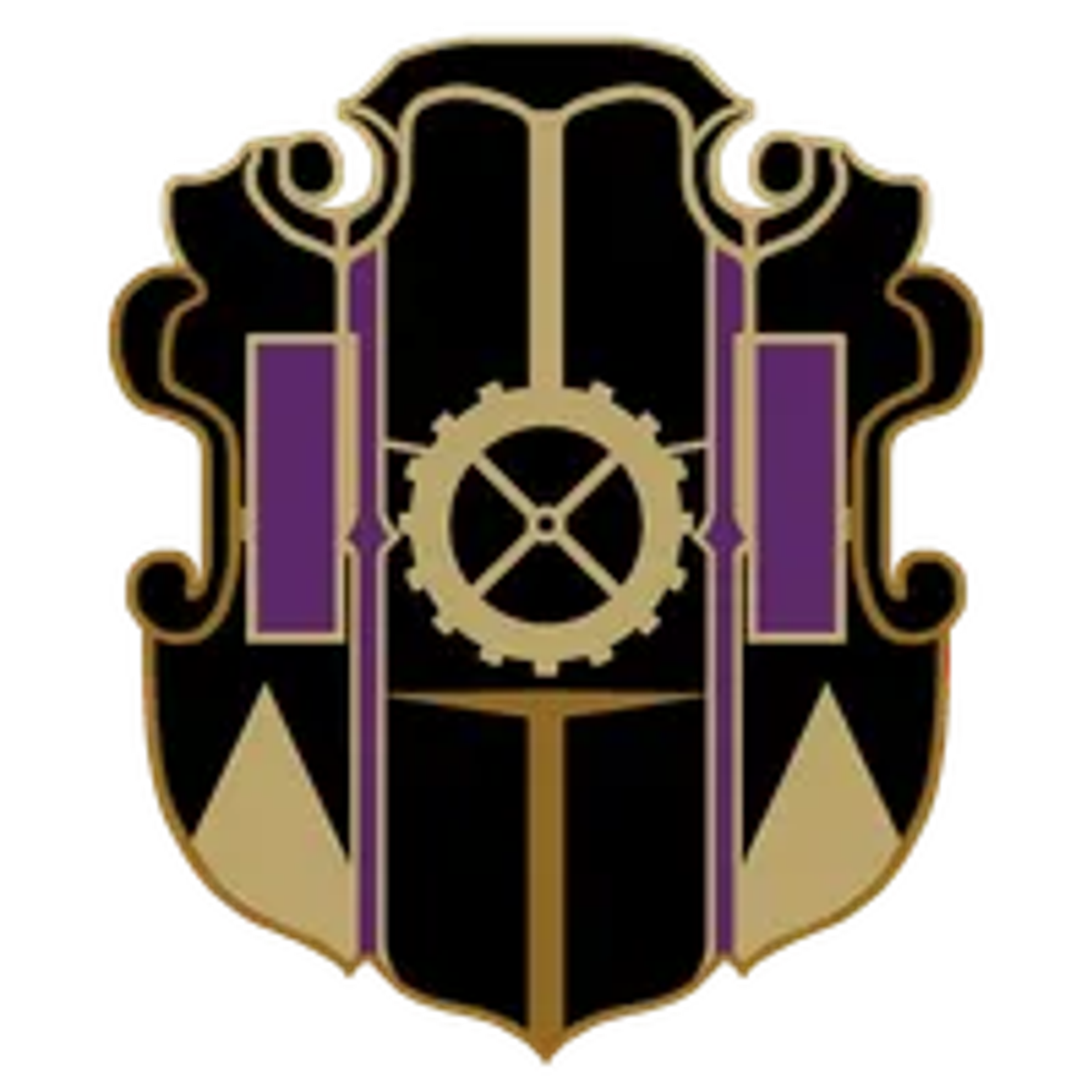 A detailed heraldic emblem or coat of arms with a central gear-like symbol and ornate columns or pillars.