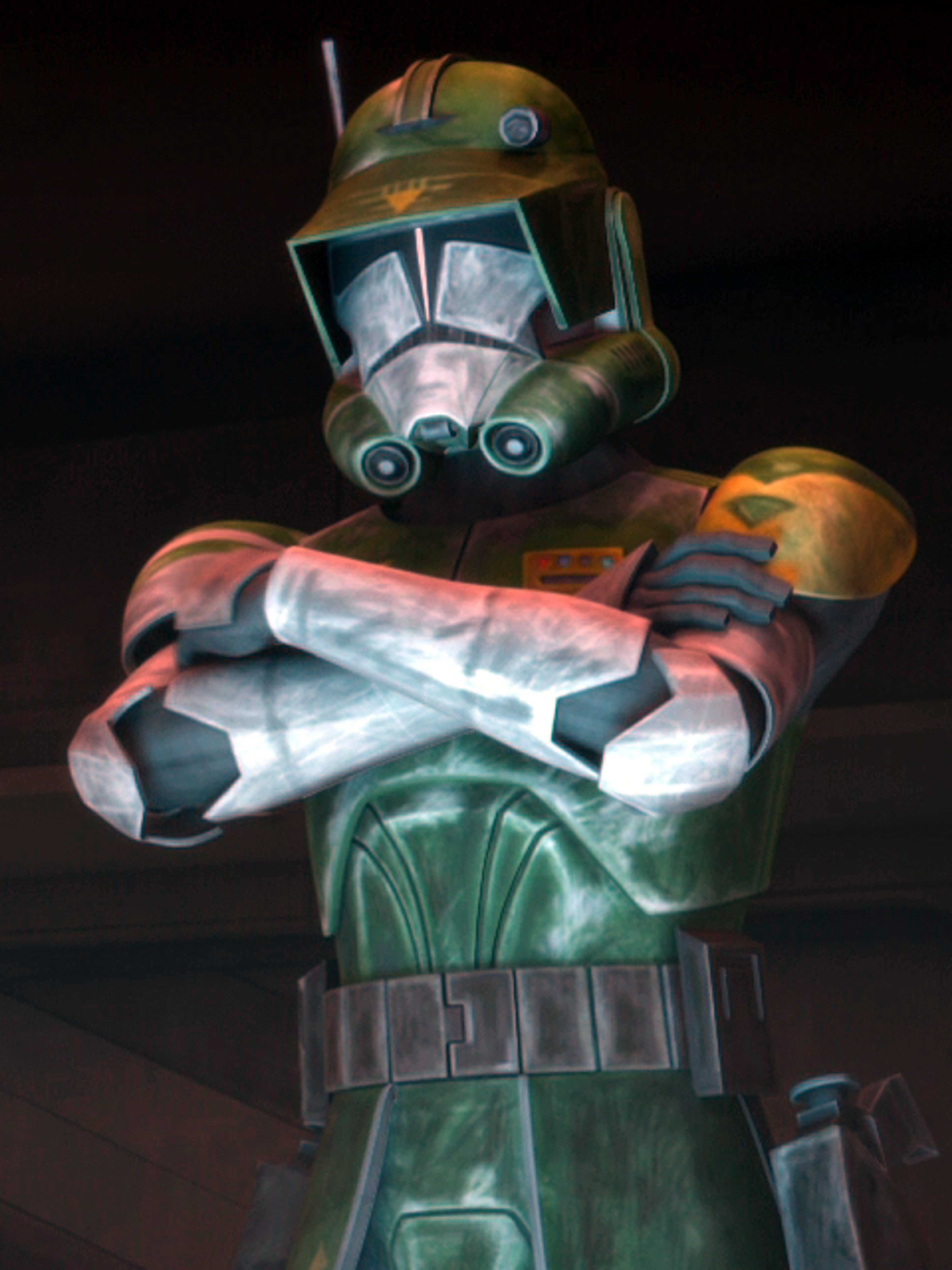 A clone trooper commander in green and yellow battle armor with a distinctive helmet and emblem