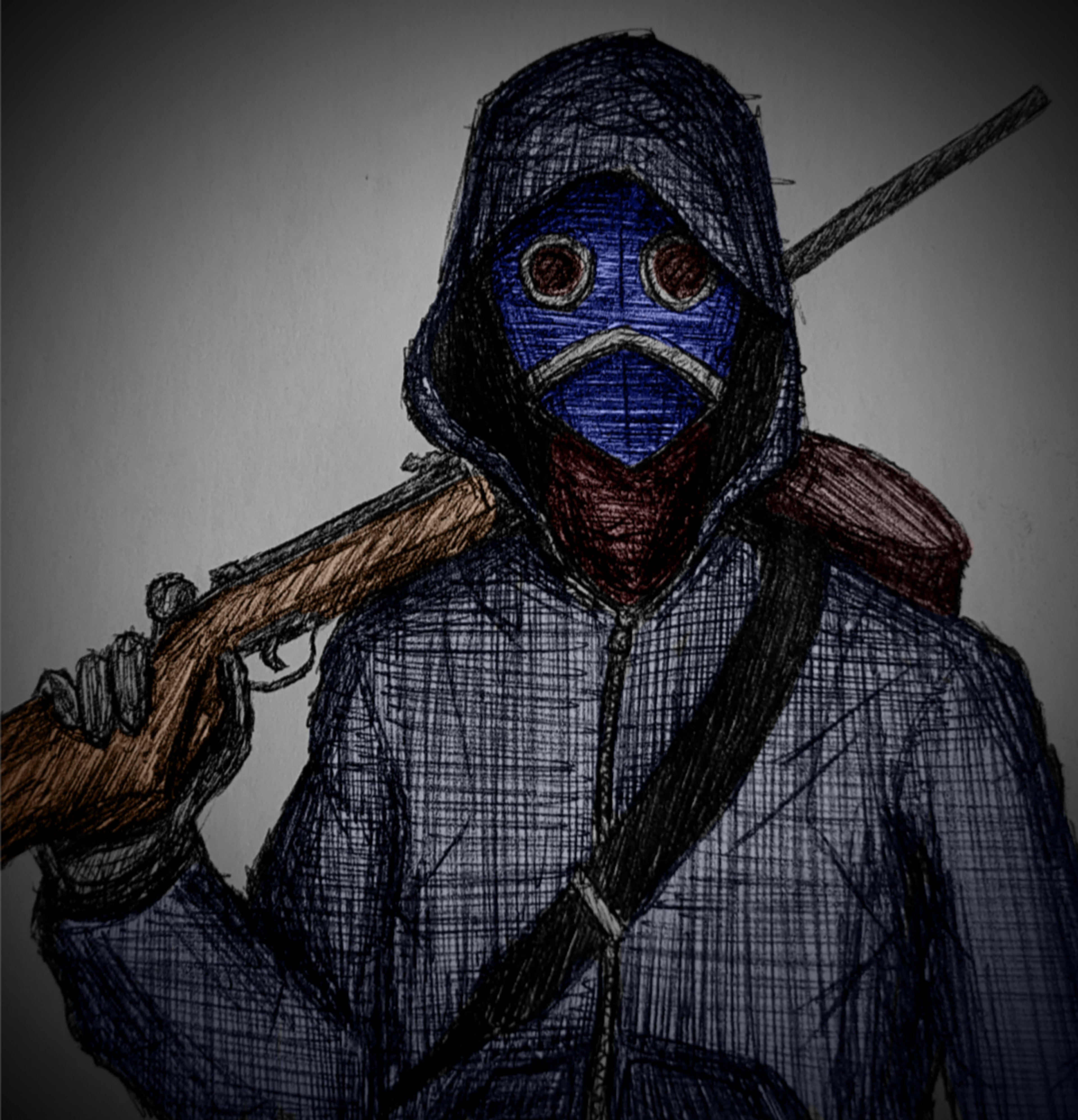 A heavily armored and masked figure holding a large wooden staff or club