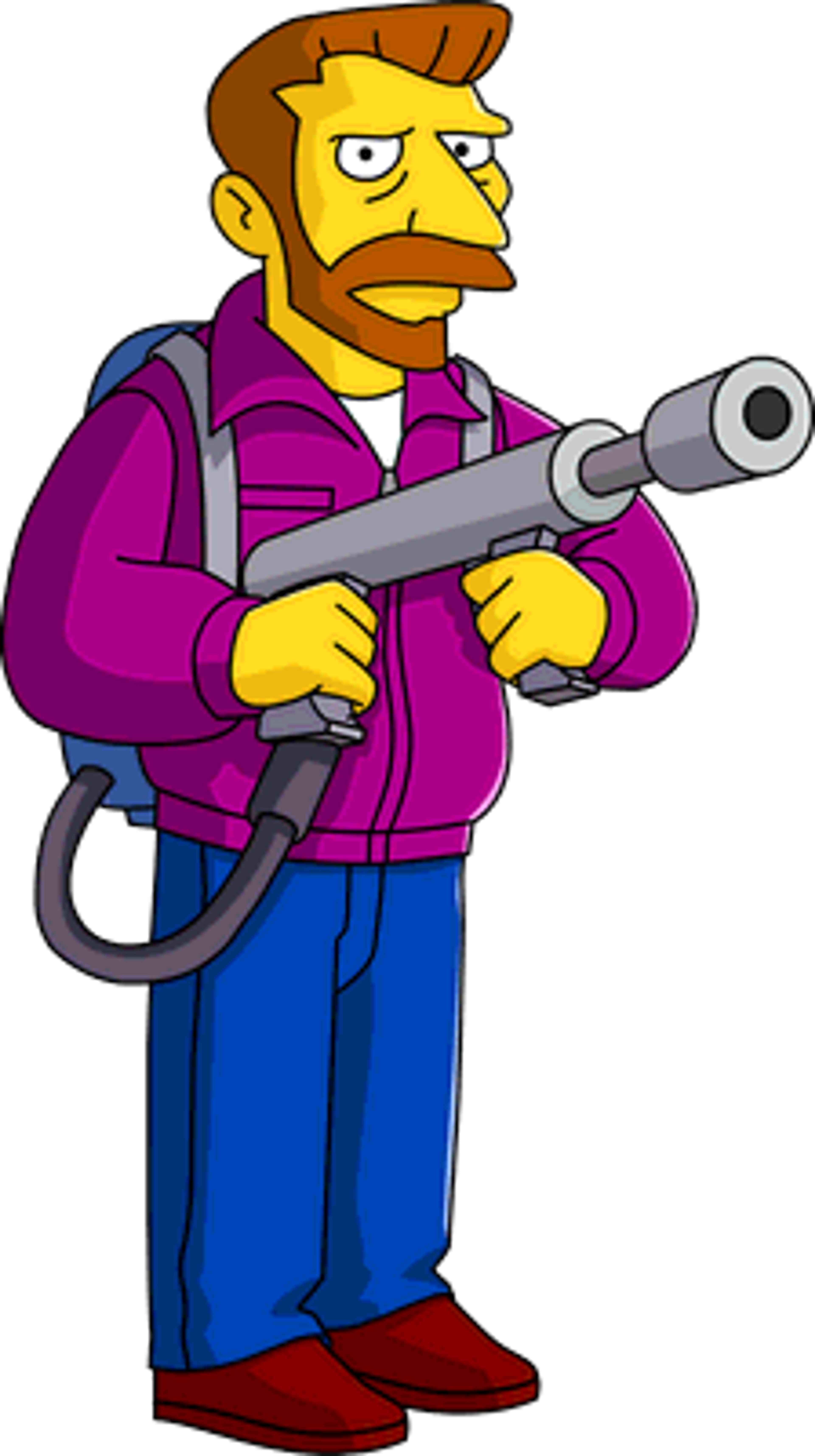 A cartoon character with a mustache holding a tool