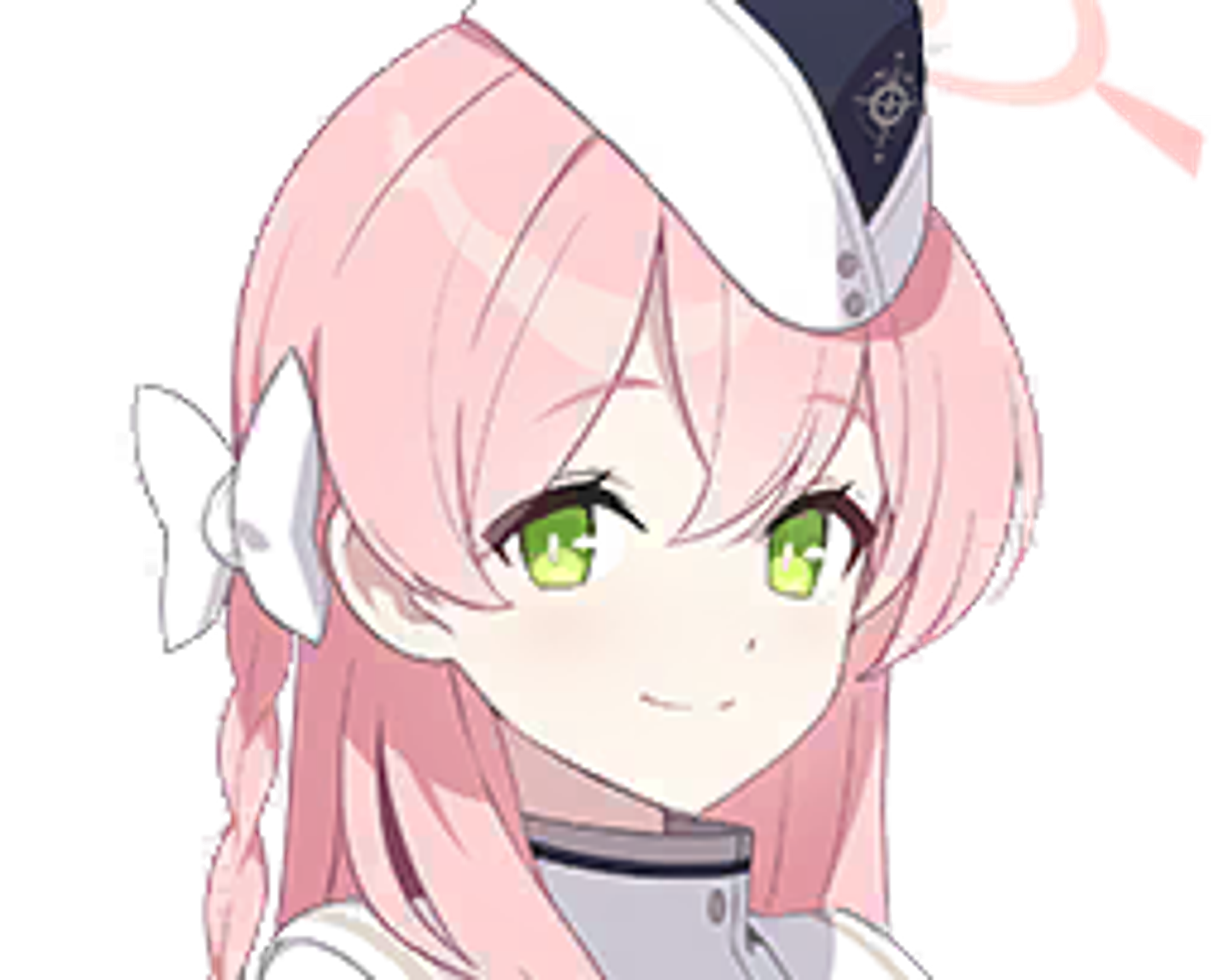 An anime-style character with pink hair and green eyes, wearing a white uniform with a pink bow tie, smiling at the viewer.