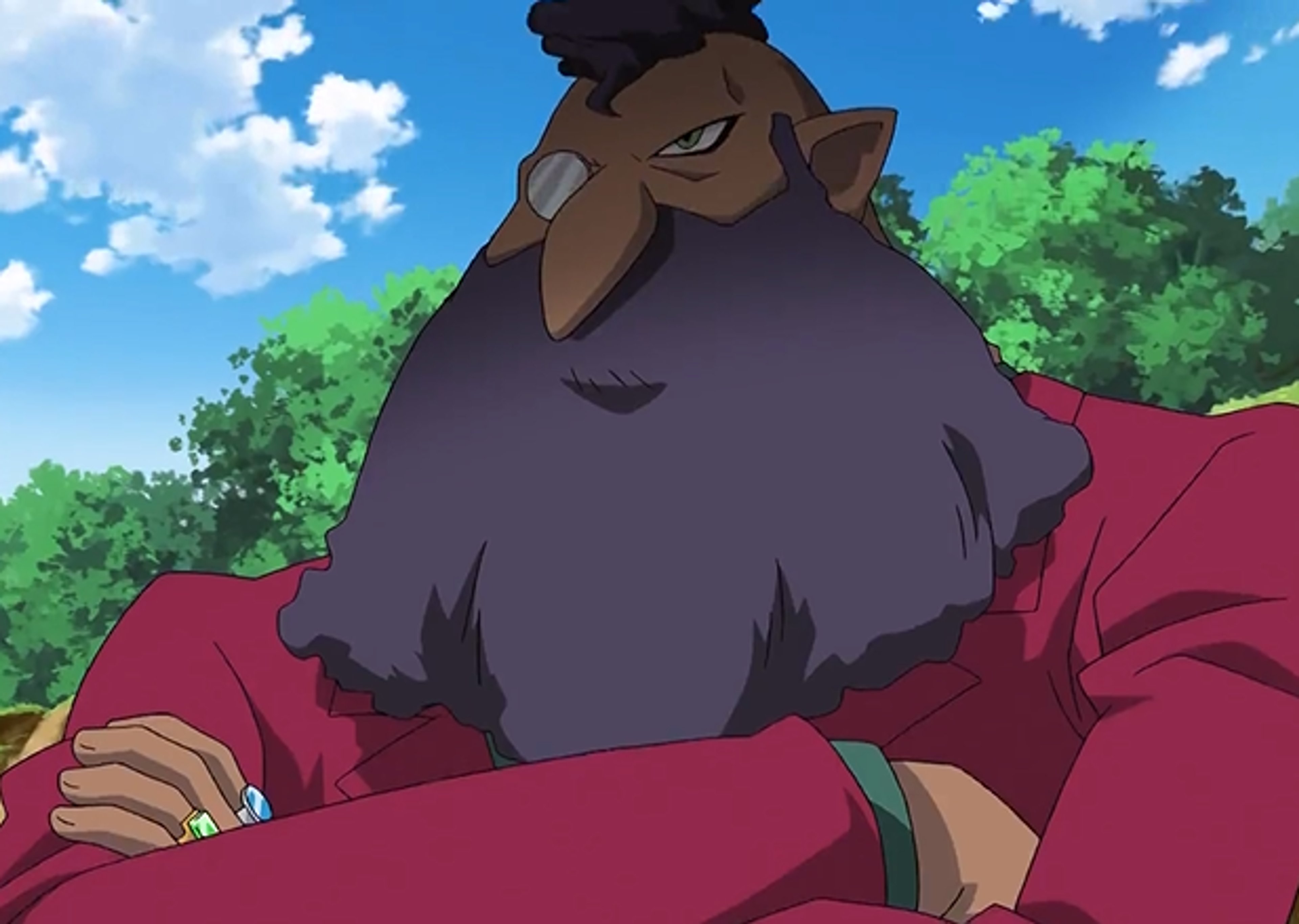 A man with a long purple beard, monocle, and crimson suit