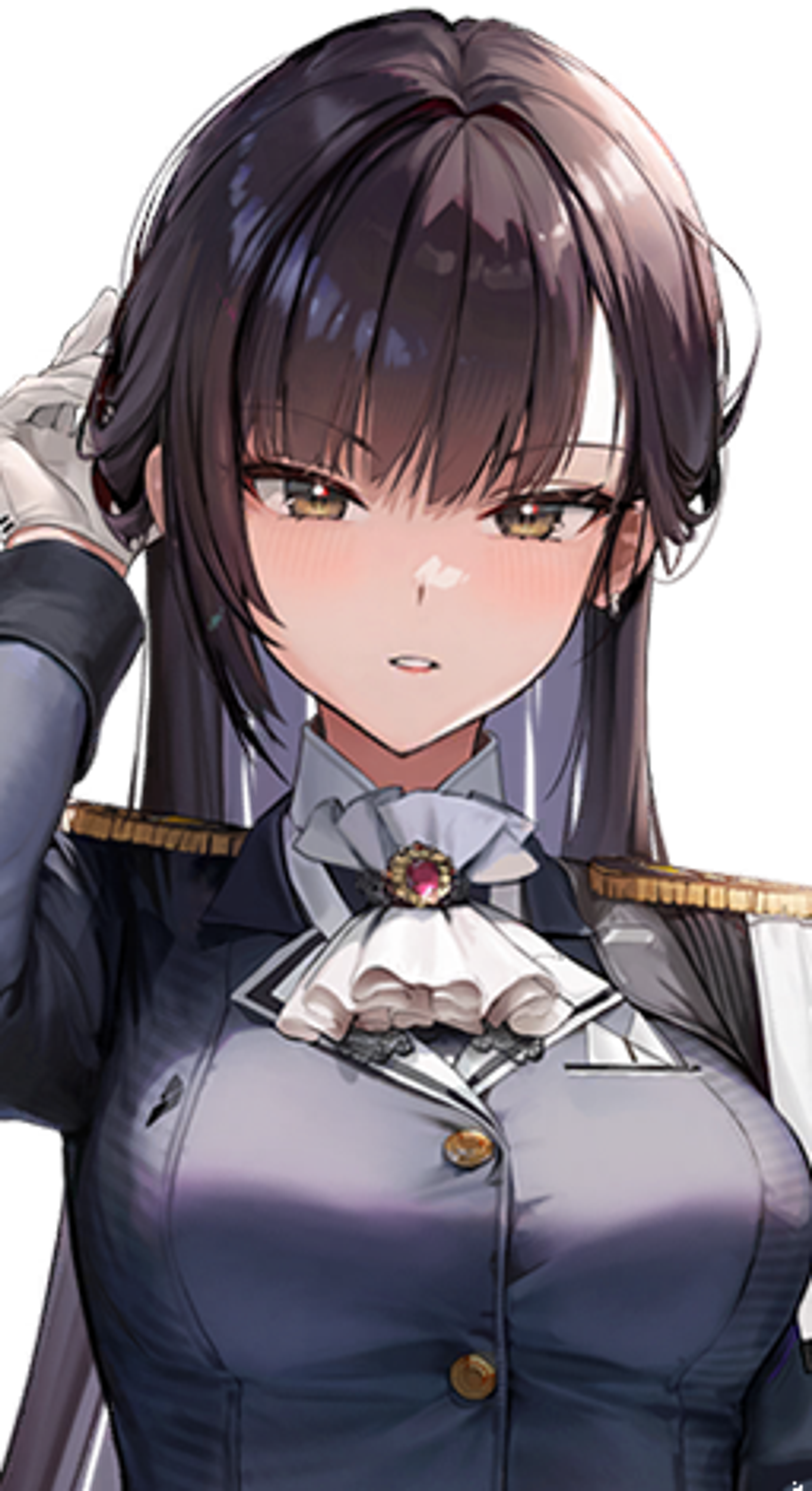 A young woman in a military-style uniform with short violet hair and blue eyes