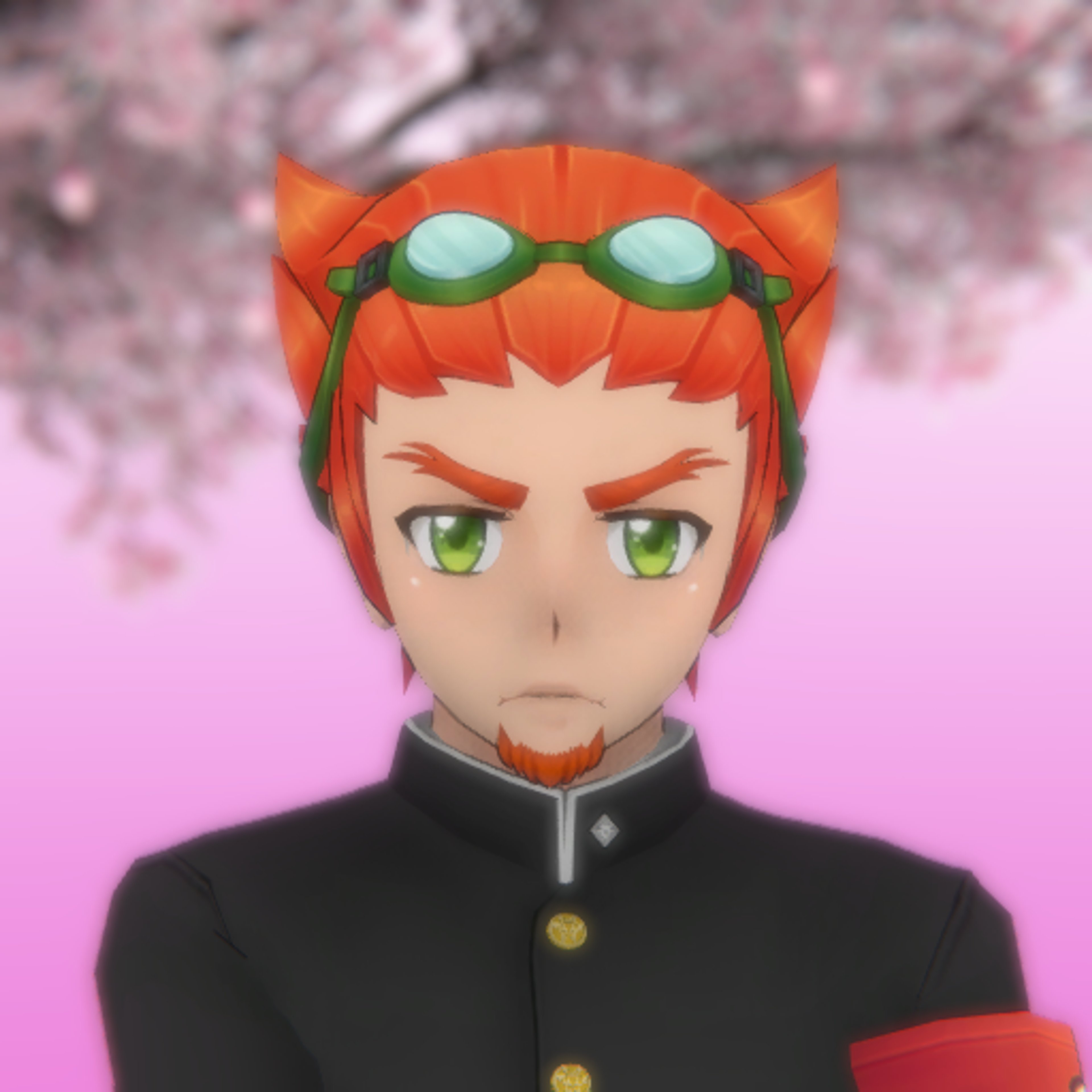 An anime-style character with orange hair and green eyes wearing a black school uniform