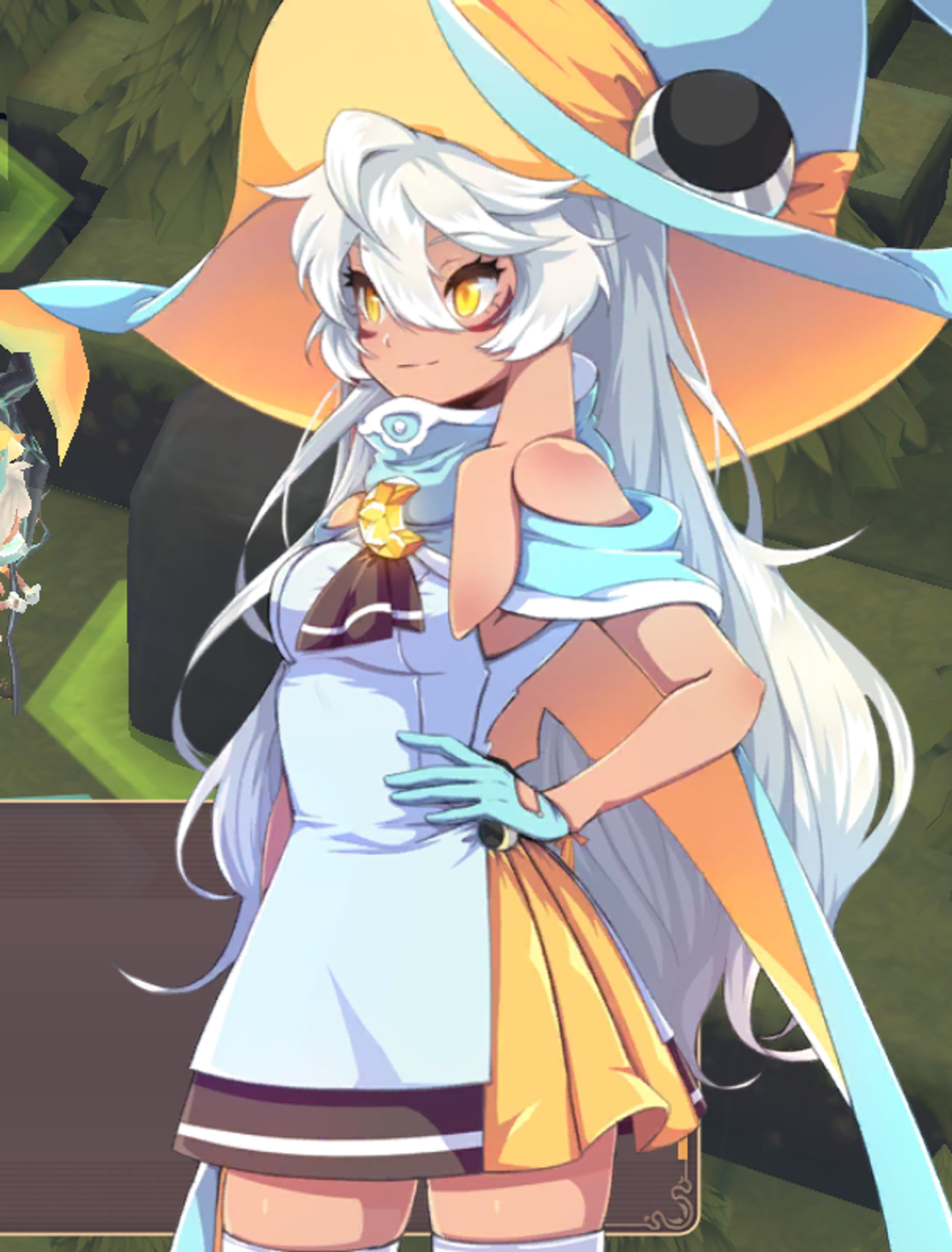 A young woman with white hair, golden eyes, and dark skin holding a magical staff or wand