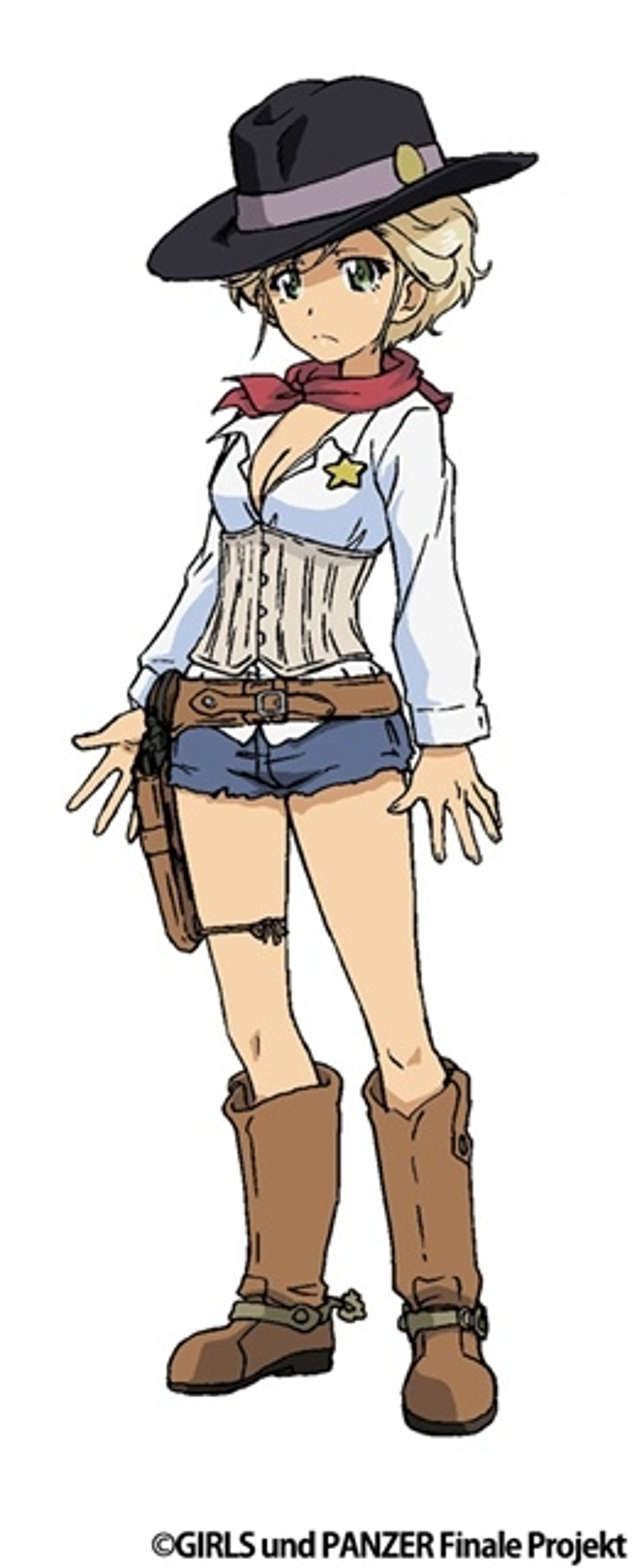 A young woman in a cowboy outfit holding a paintball gun