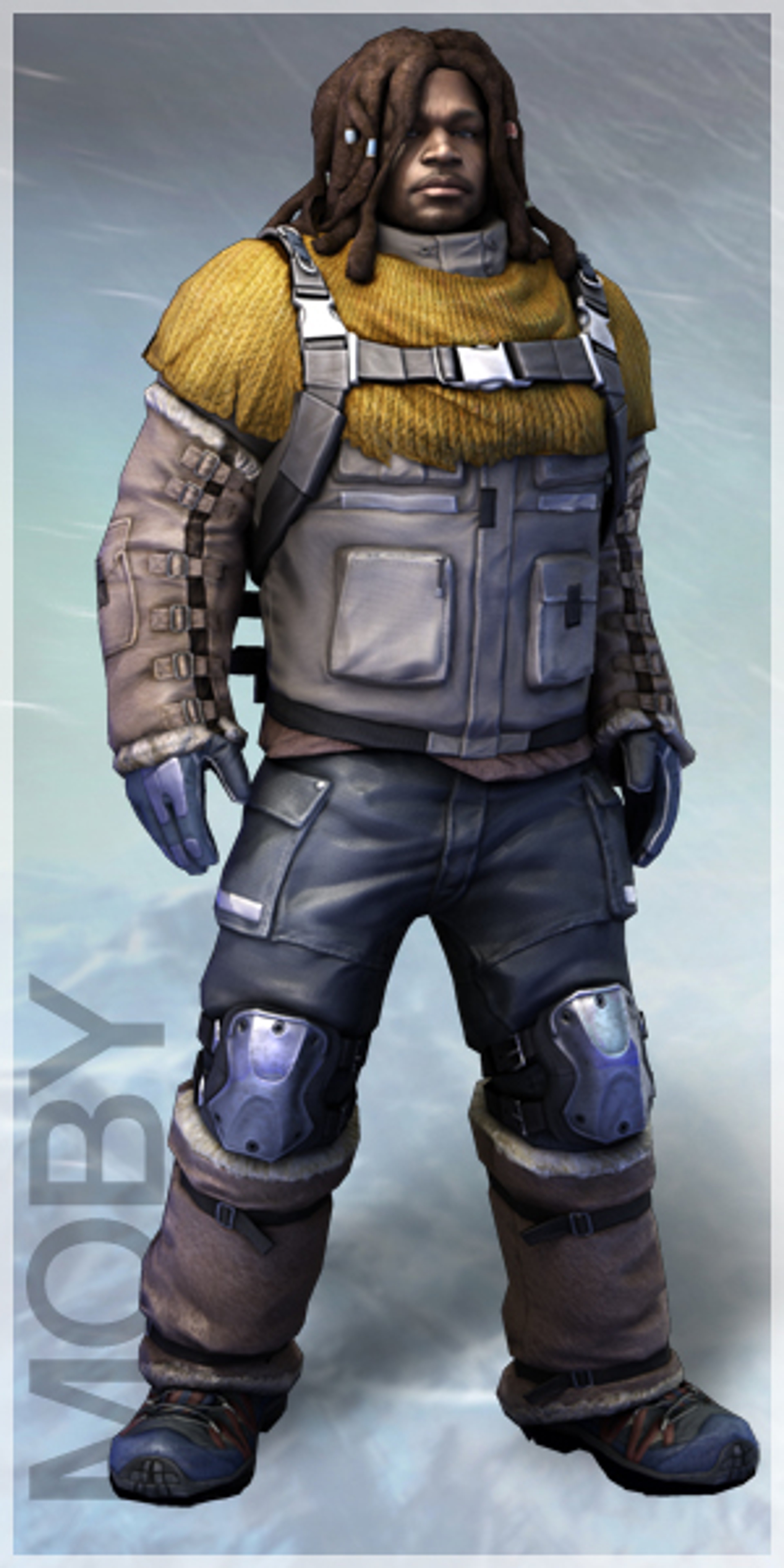 A character named Moby Jones, a professional snowboarder with a tough, intimidating appearance