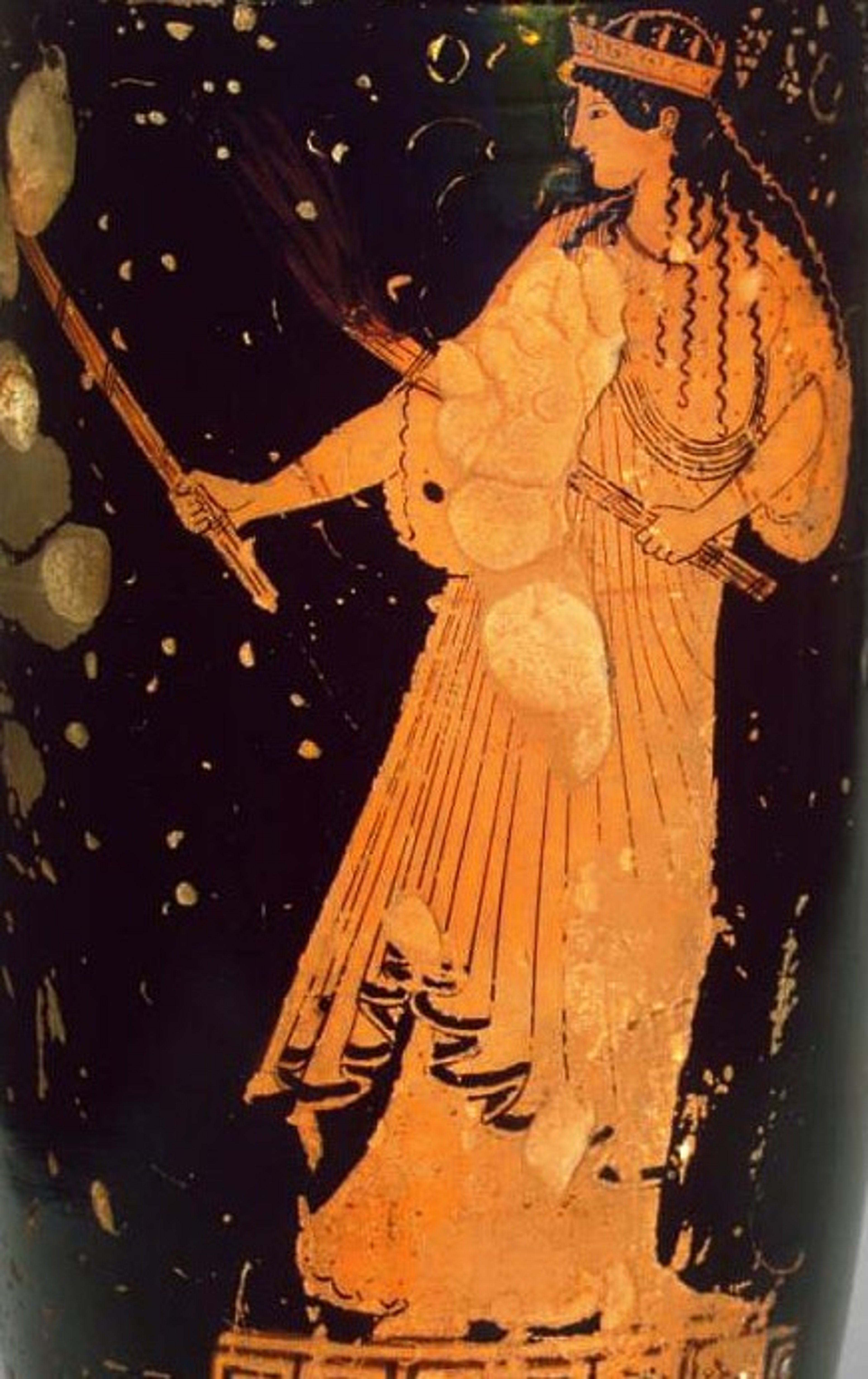 An illustration of the Greek goddess Hecate, depicted as a woman in an ornate dress holding a staff or scepter.