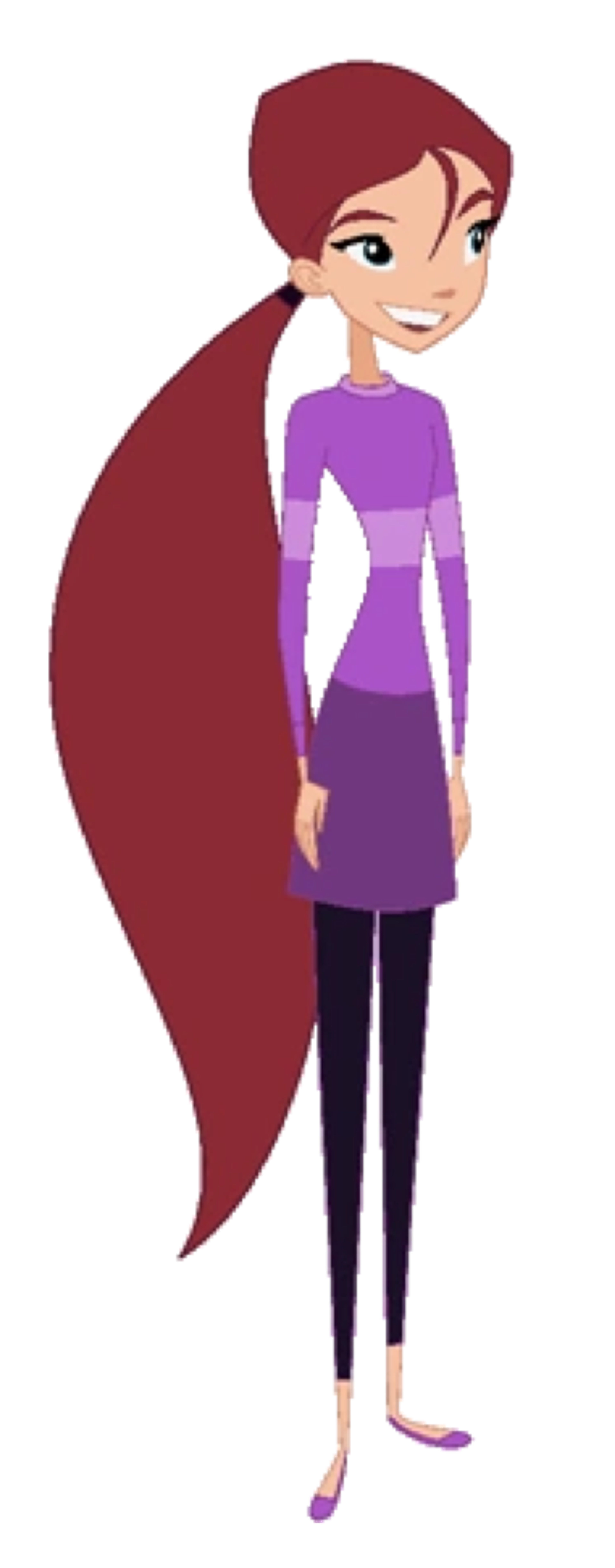 A young female character with red hair and a purple outfit in a heroic pose.