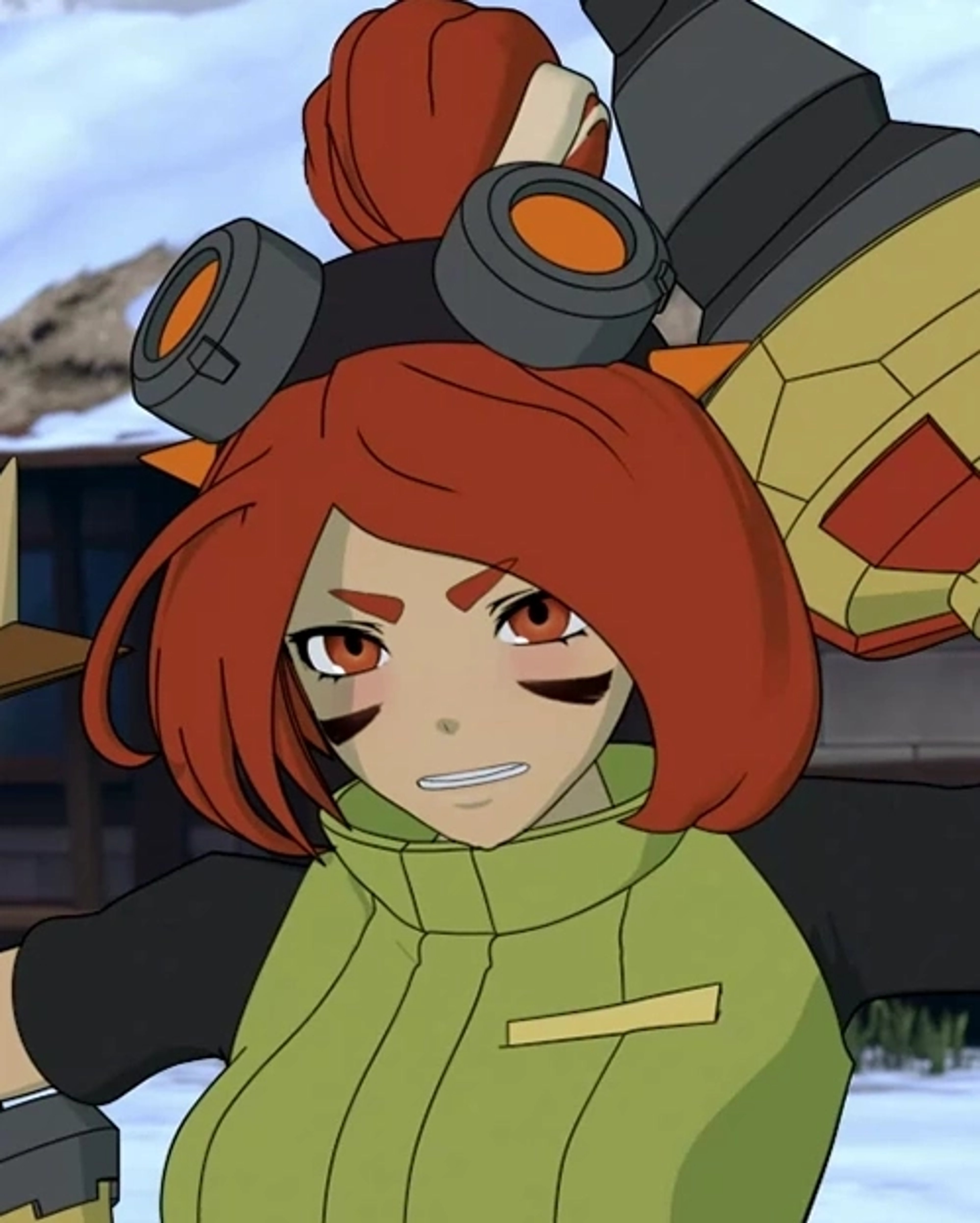 A young woman with orange and platinum hair wearing industrial-styled clothing, including goggles, and appearing to be a skilled huntress.
