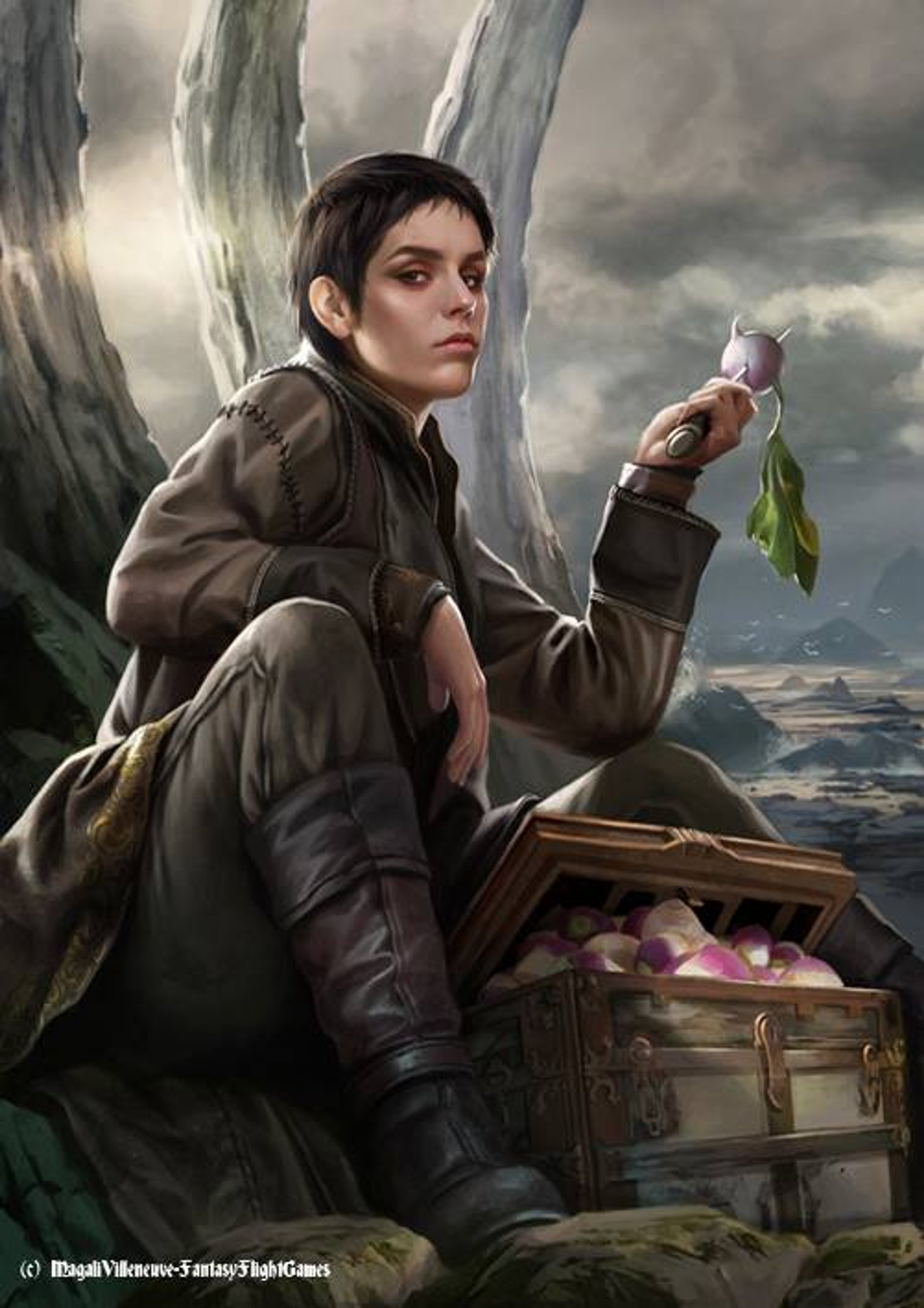 A young woman with short dark hair sitting on a wooden chest in a mountainous landscape