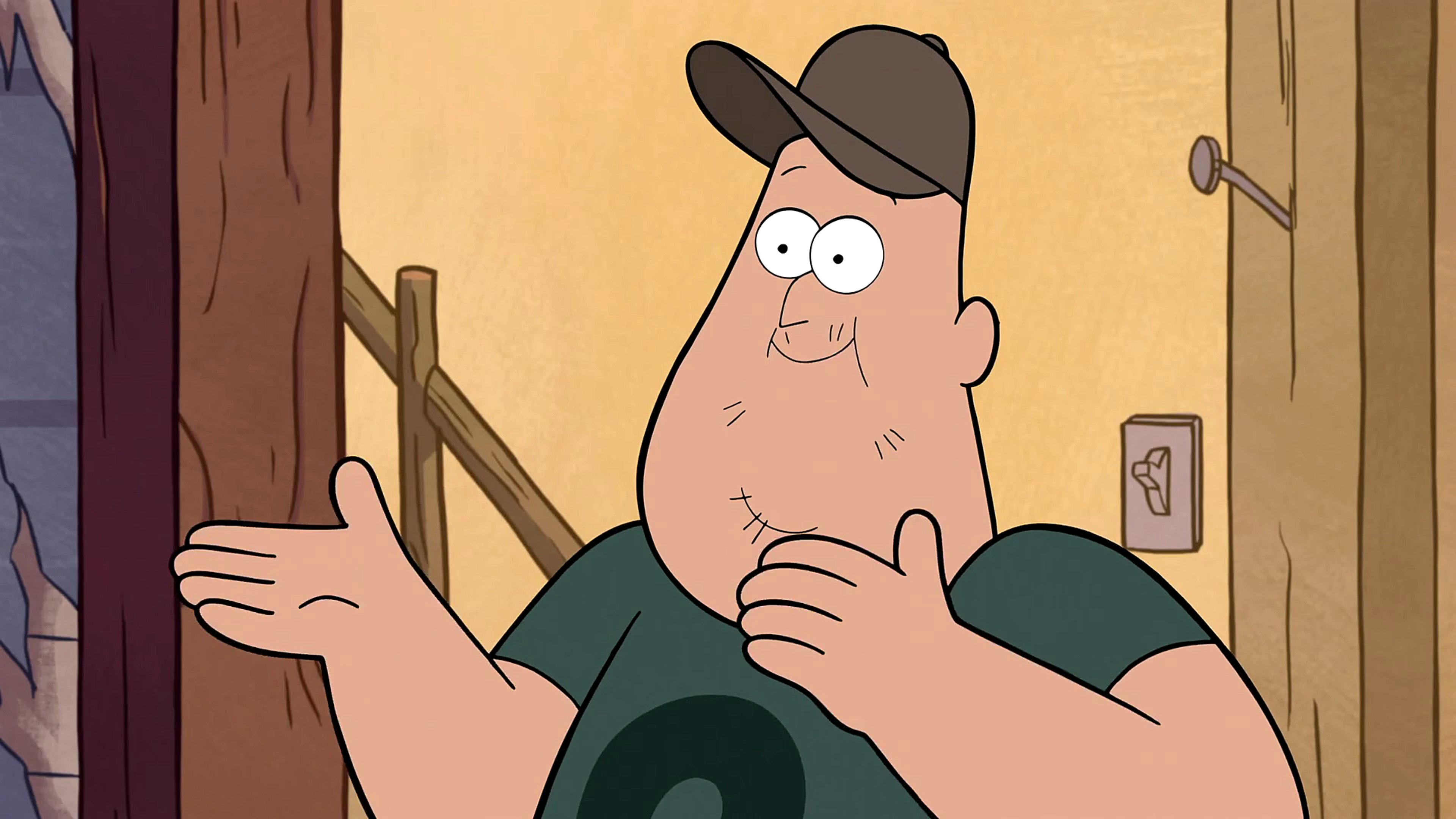 Soos was born and raised in Gravity Falls, Oregon by his grandmother Abuelita after being neglected by his father.,He began working at the Mystery Shack at age 12 after Stan Pines hired him.,The Mystery Shack became like a second home and Stan a father figure to the fatherless Soos.,Despite his simple life, Soos possesses an open mind and keen eye for the strange phenomena in Gravity Falls.,His loyalty to the Pines family and the Mystery Shack is unwavering, no matter what Stan does.