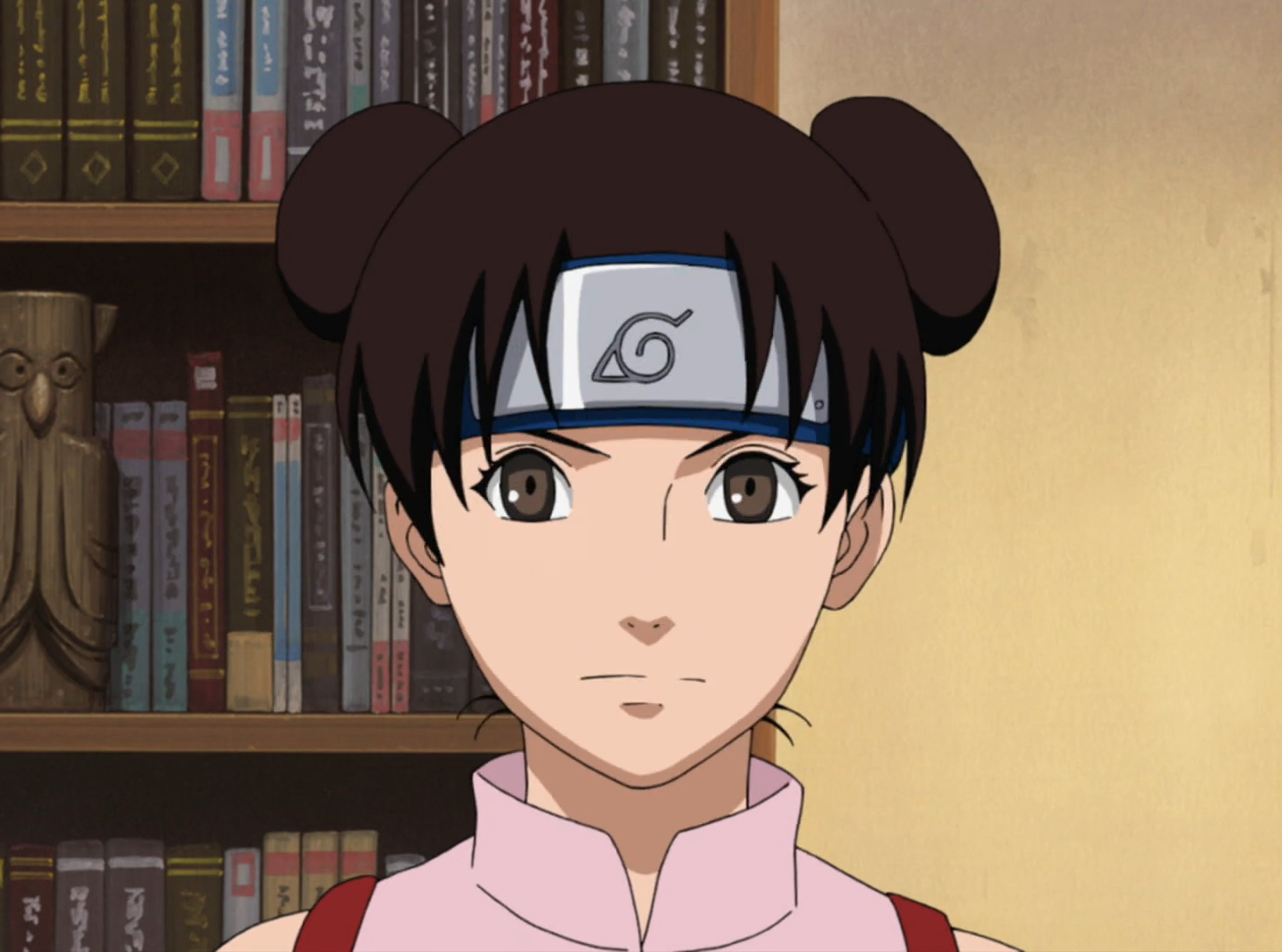 An anime-style character with brown eyes and two buns in her hair, wearing a pink outfit and standing in front of a bookshelf.