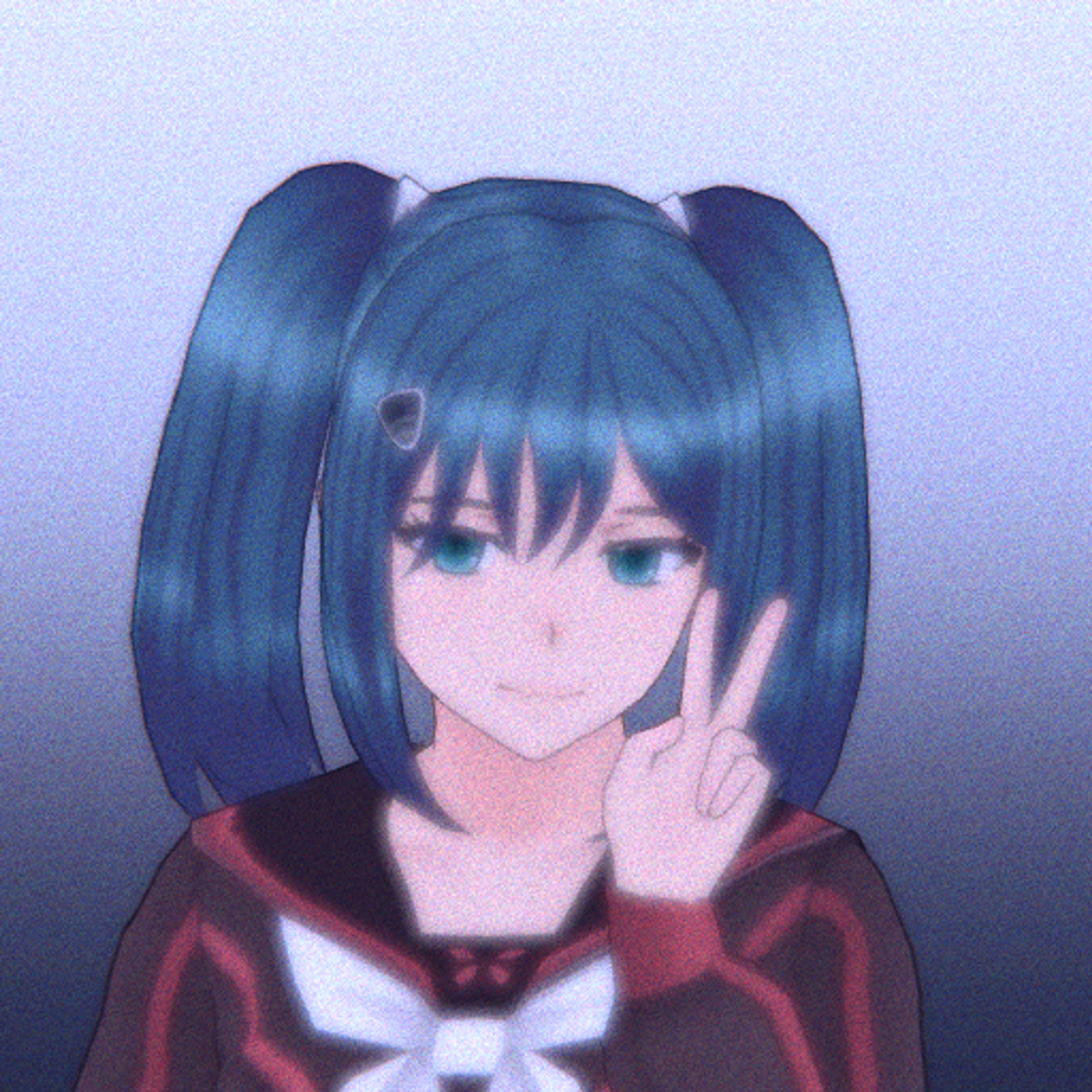 An anime-style character with blue pigtails wearing a school uniform and making a peace sign gesture