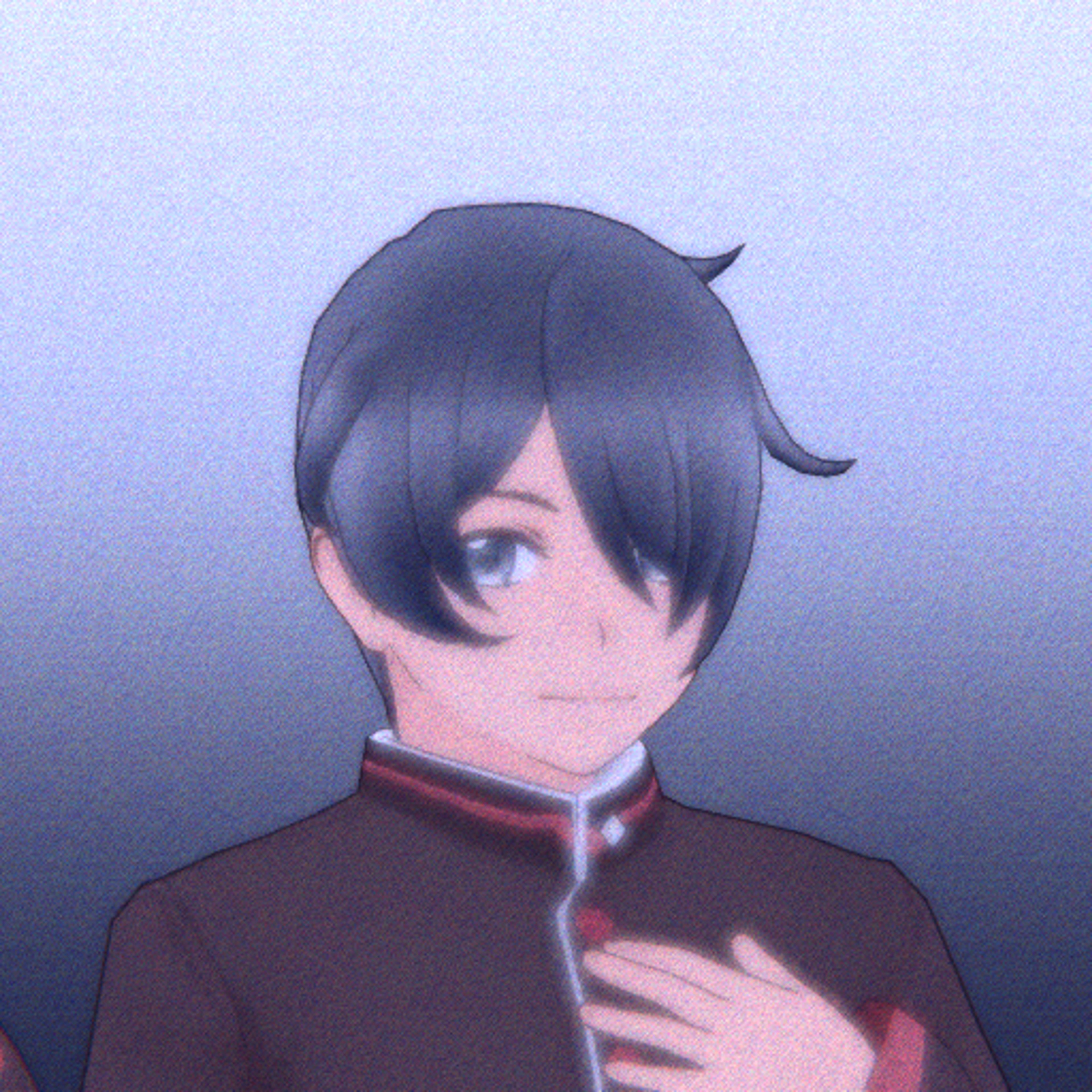 An anime-style illustration of a young man with dark hair and a red scarf or collar