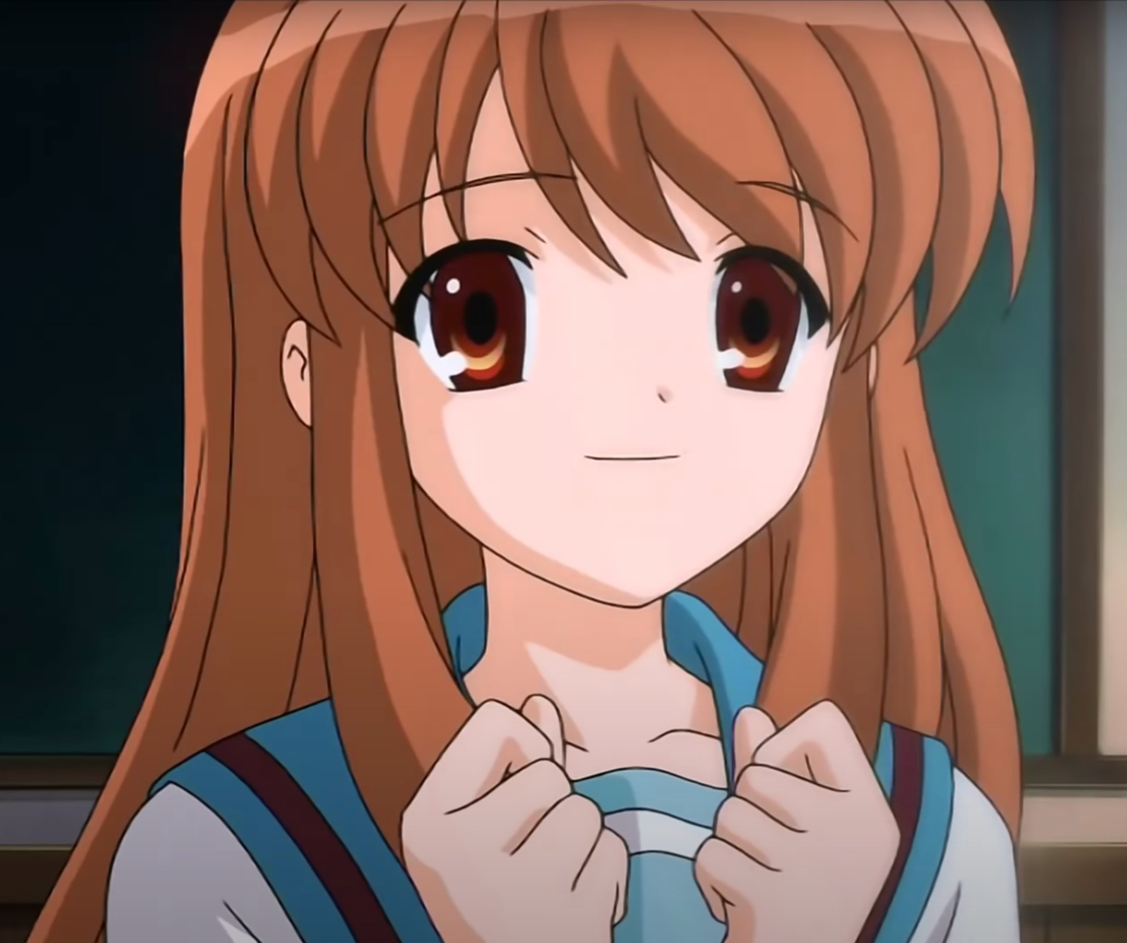 An anime-style character with large eyes, long brown hair, and a school uniform