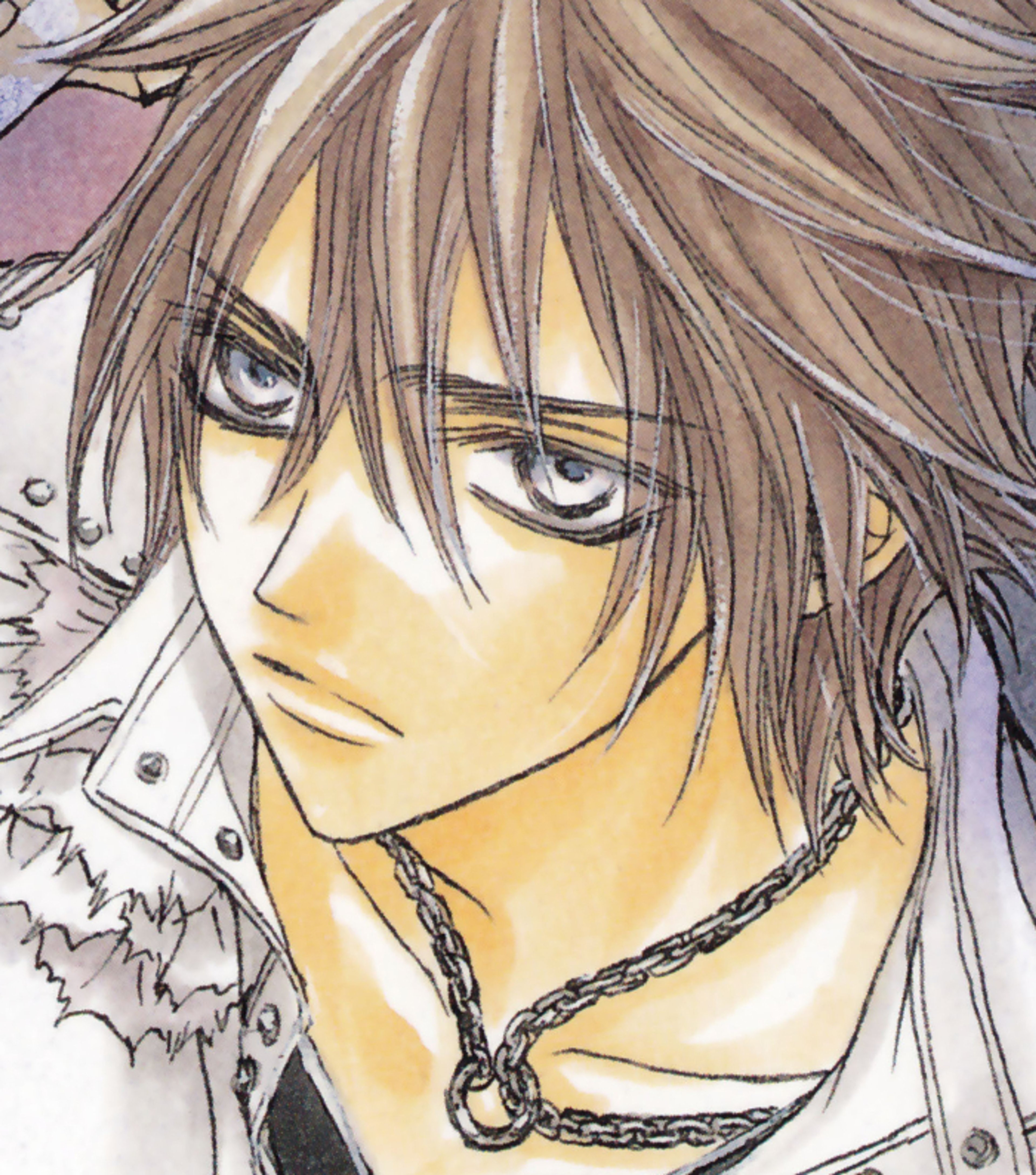 A pale, beautiful young man with mahogany hair and blue-grey eyes, wearing a dark outfit with chains or jewelry.