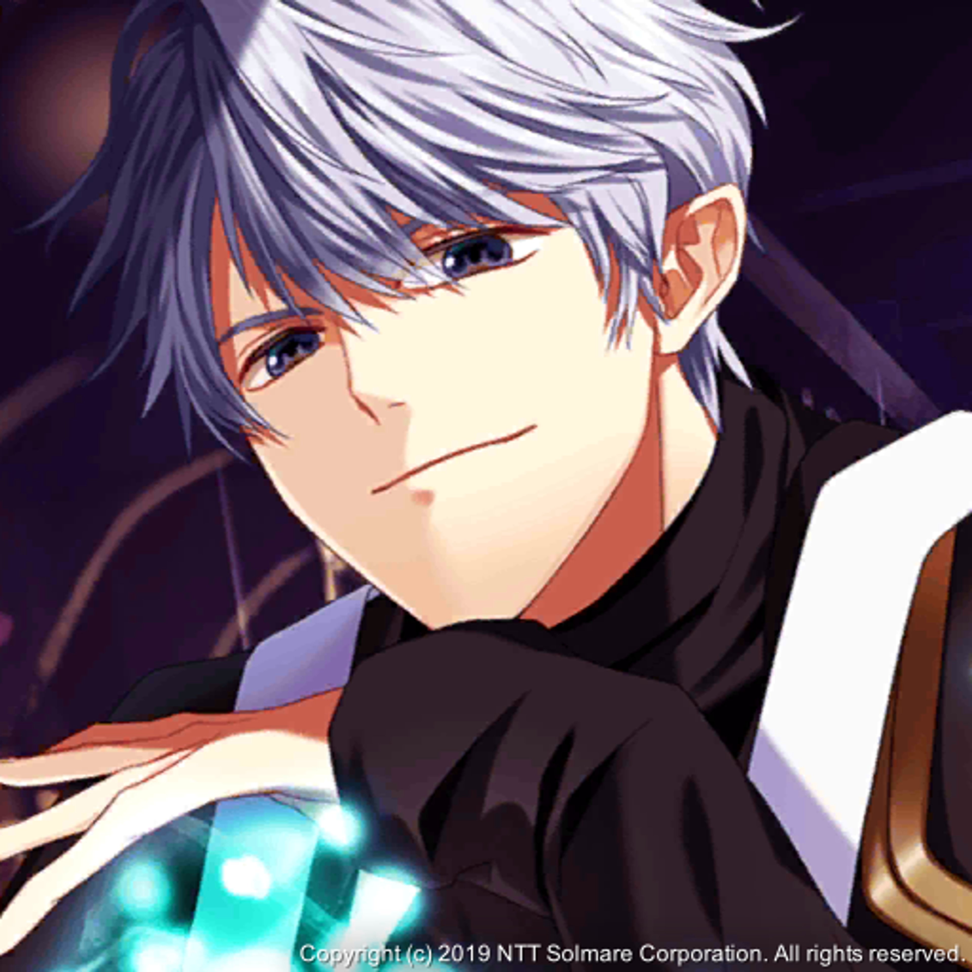 A confident-looking young man with silver-white hair and blue eyes, wearing a black outfit.