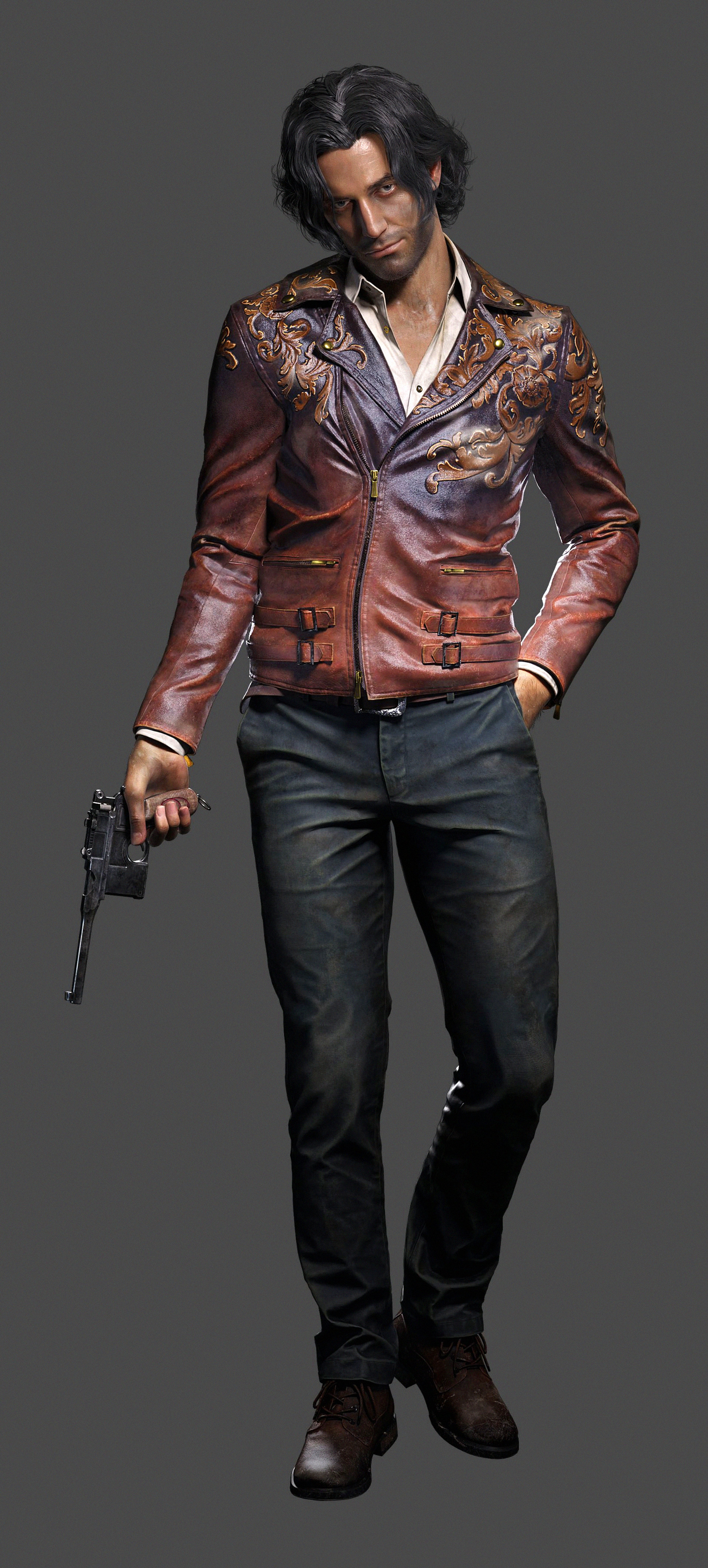 A man with long dark hair wearing a red and purple leather jacket, holding a gun.