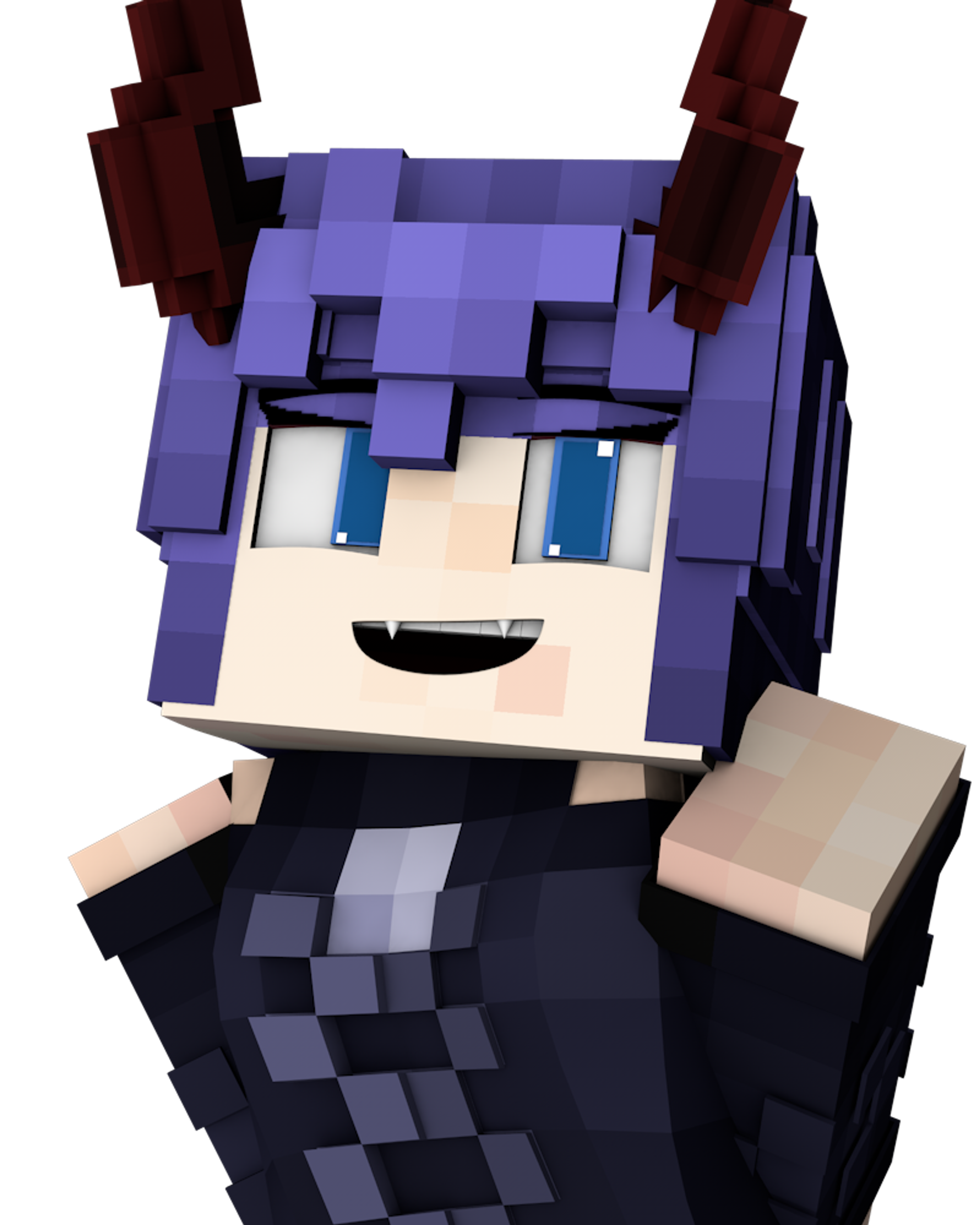 A 3D-rendered character with lavender hair and blue eyes, wearing a dark outfit with armor-like elements.