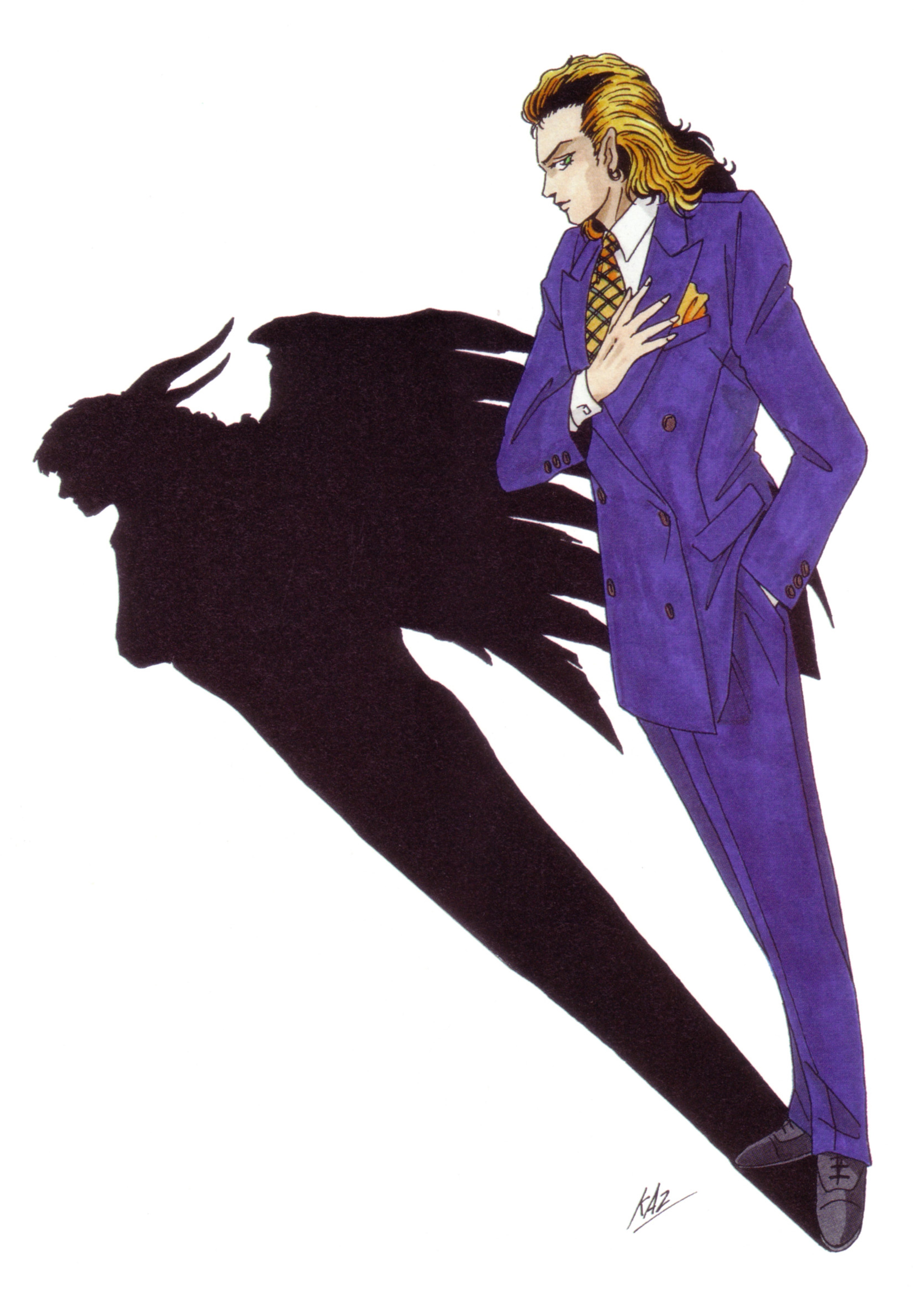 A character with blond hair, mismatched eyes, and a purple suit