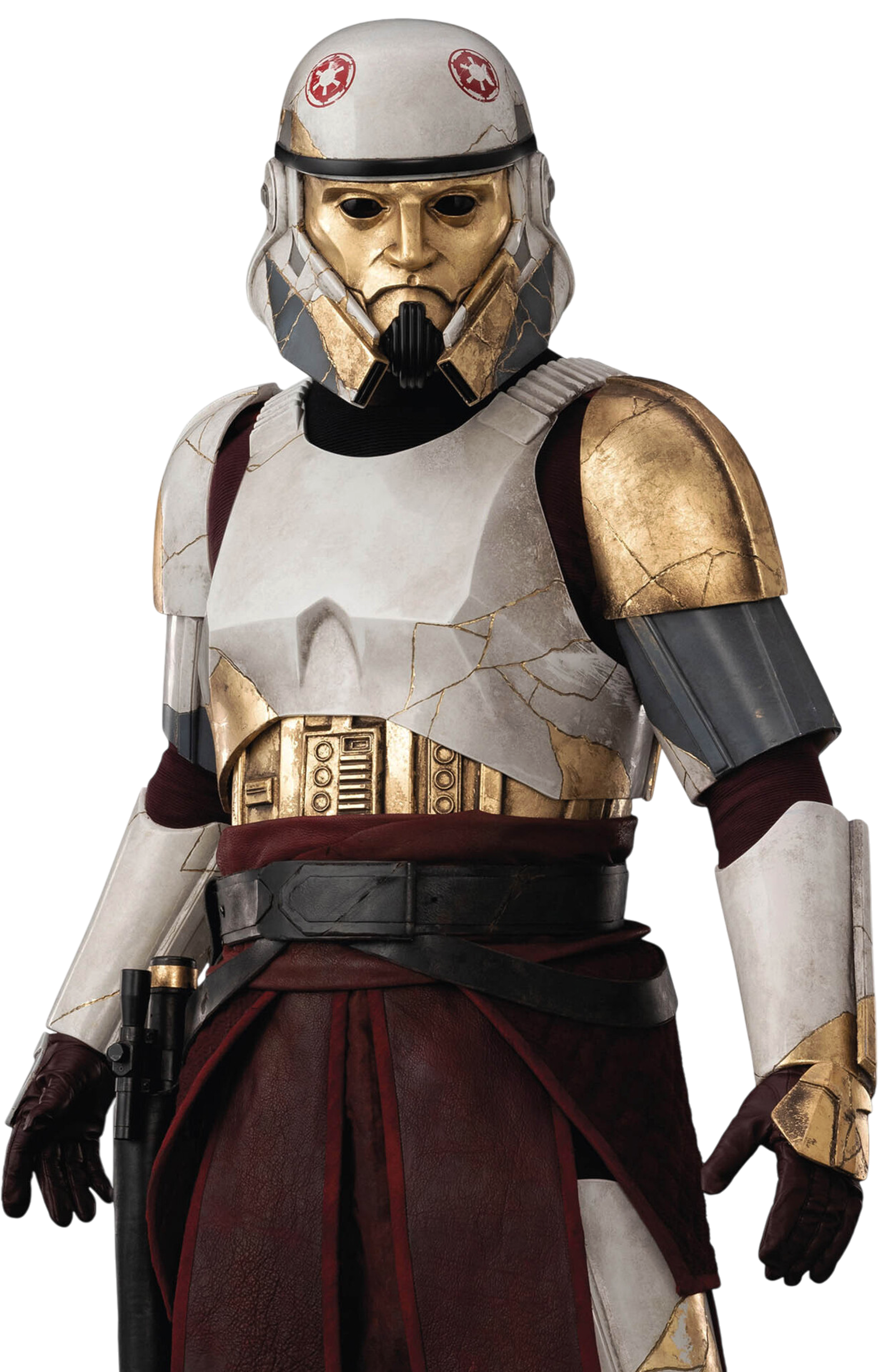 A heavily armored Imperial officer with a golden face plate and burgundy uniform