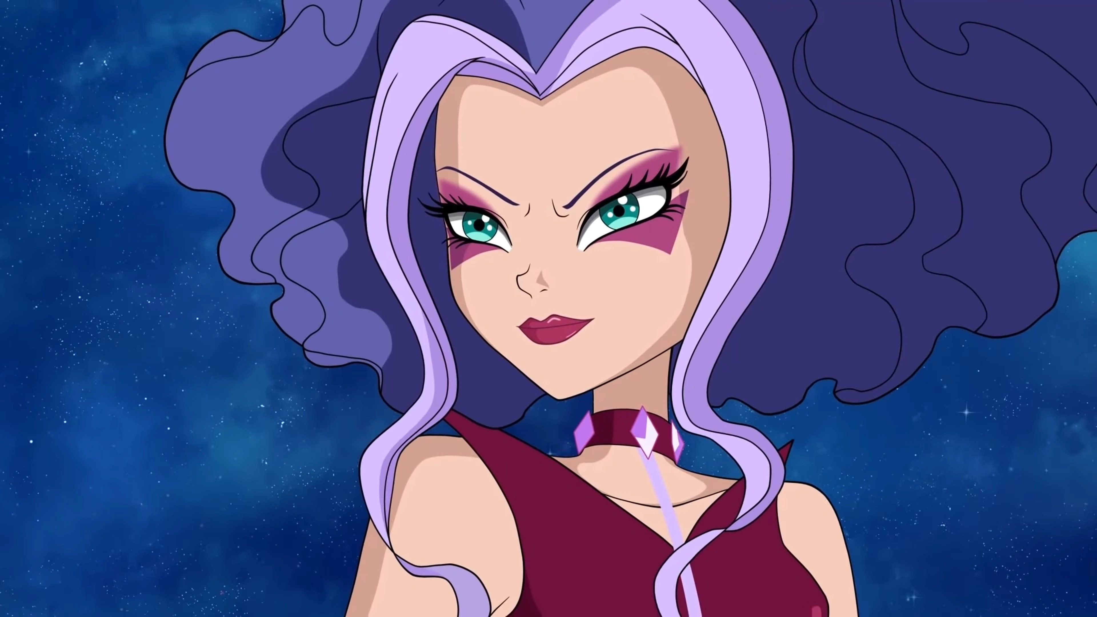 Stormy, a witch with purple hair and teal eyes from Winx Club