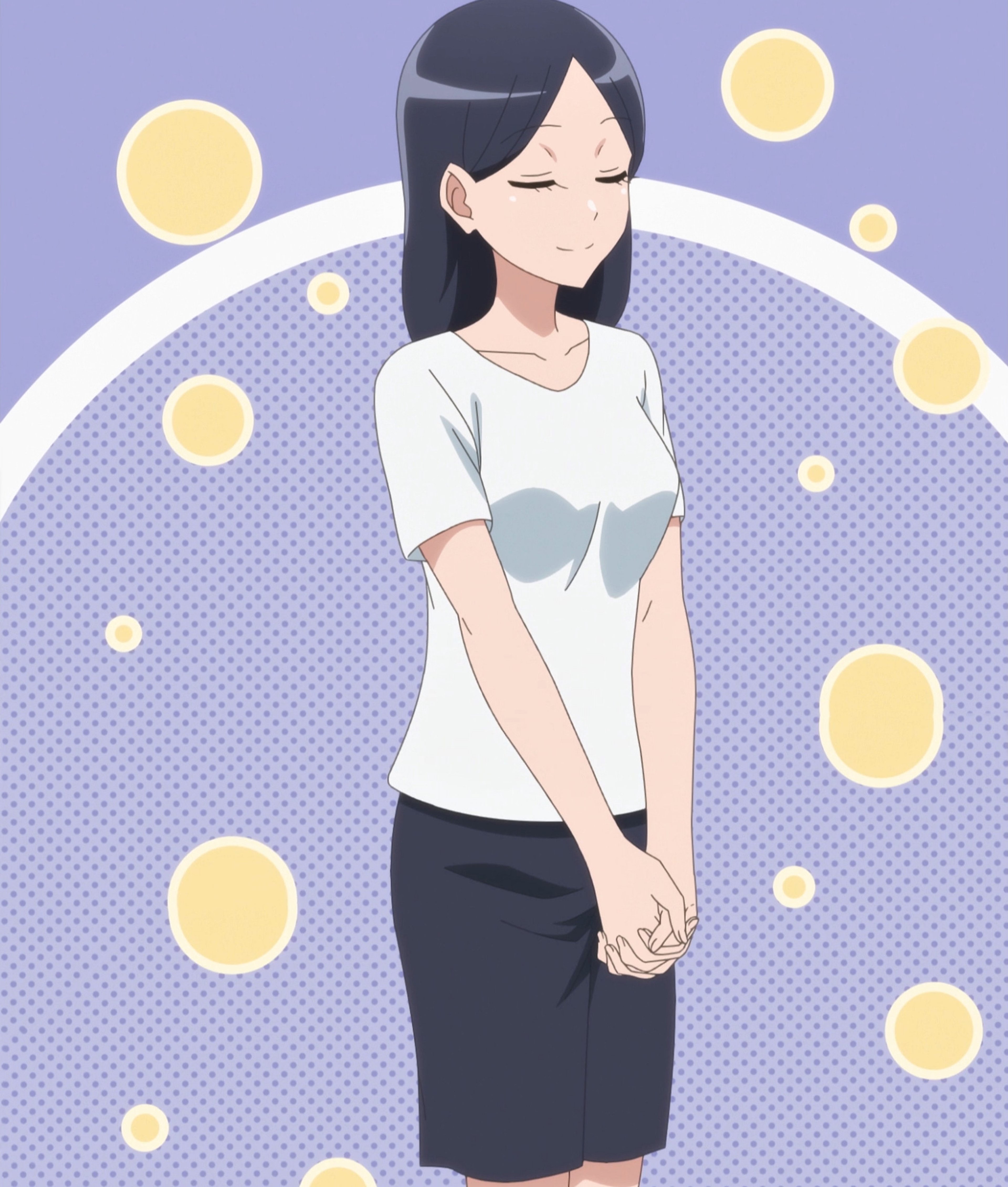 A young woman with long black hair wearing a white shirt and dark skirt