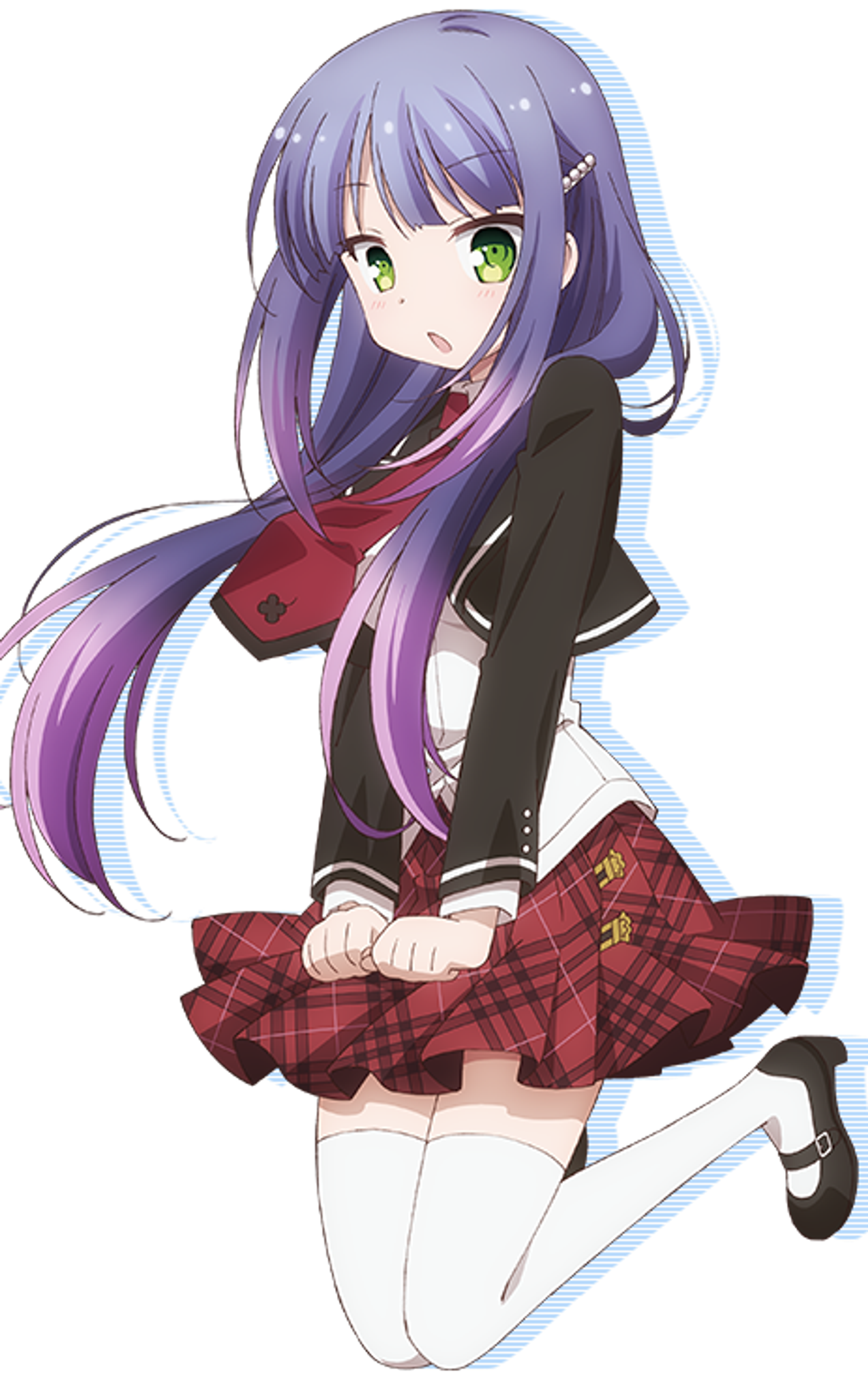 An anime-style character with long purple hair and green eyes, wearing a red plaid skirt and black jacket.
