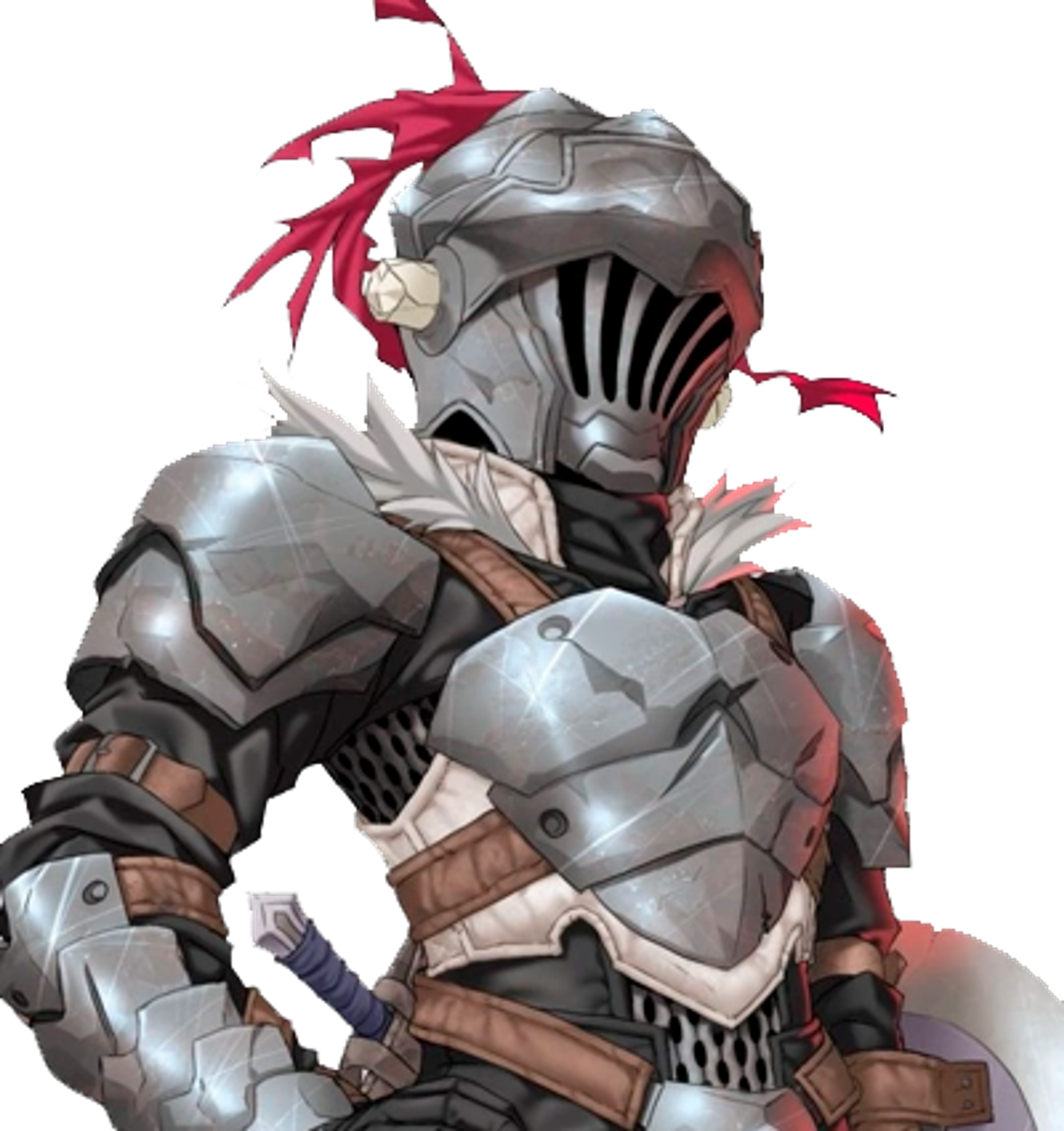 A heavily armored fantasy character with a sword and red feathers on their helmet