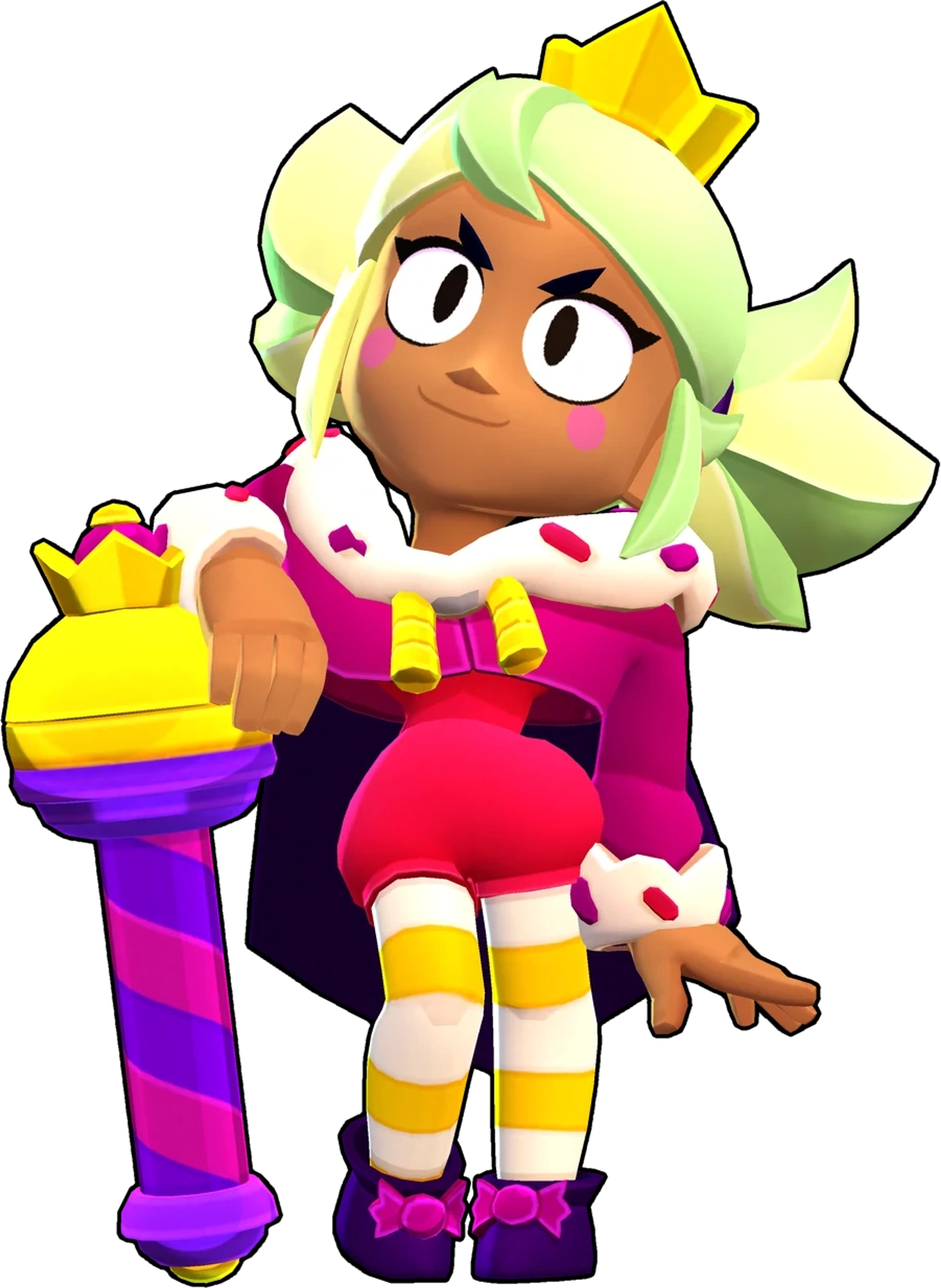 A colorful, candy-themed female character with a playful expression, holding a large lollipop.