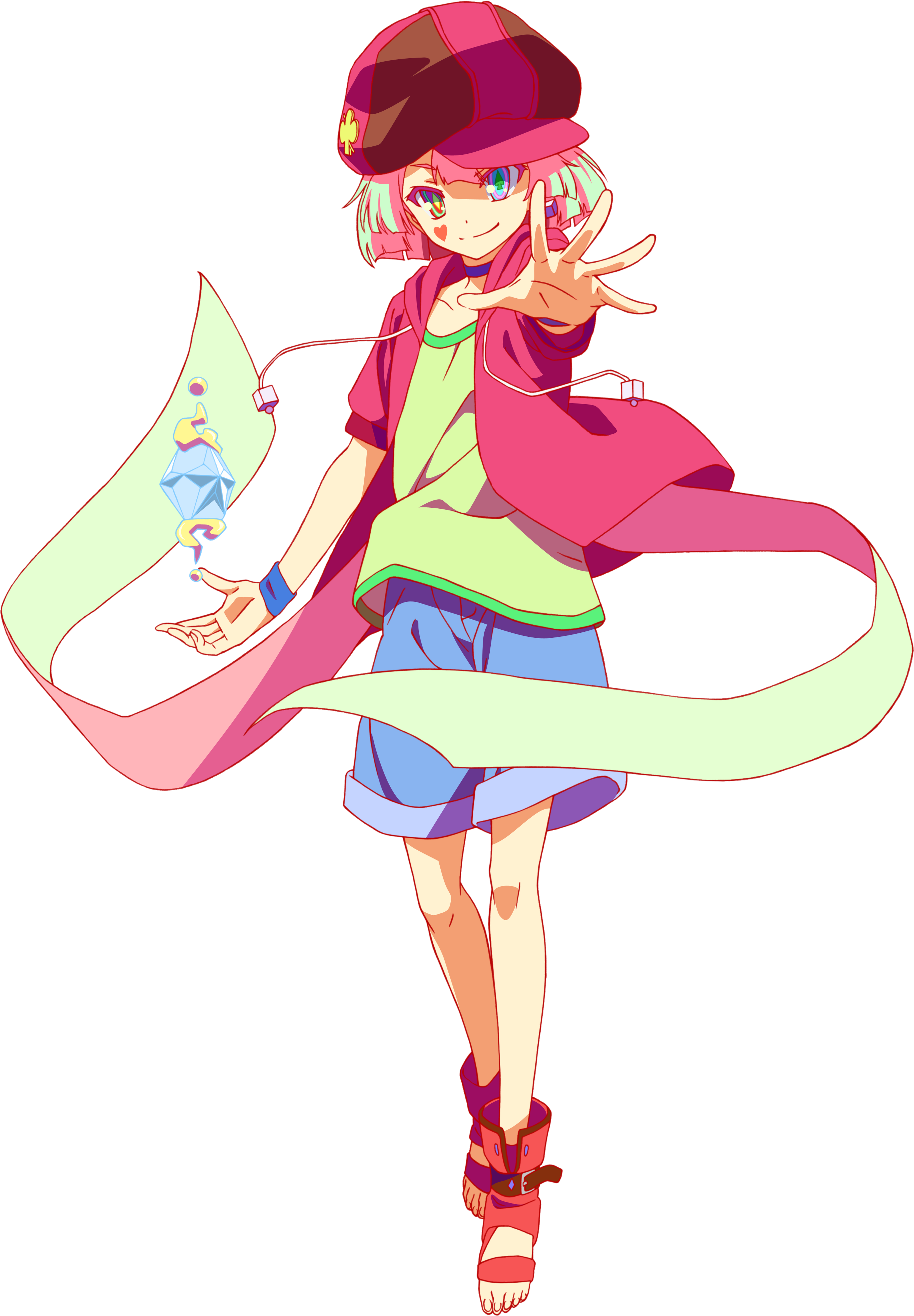 A whimsical, childlike character named Tet with heterochromatic eyes and a playful outfit