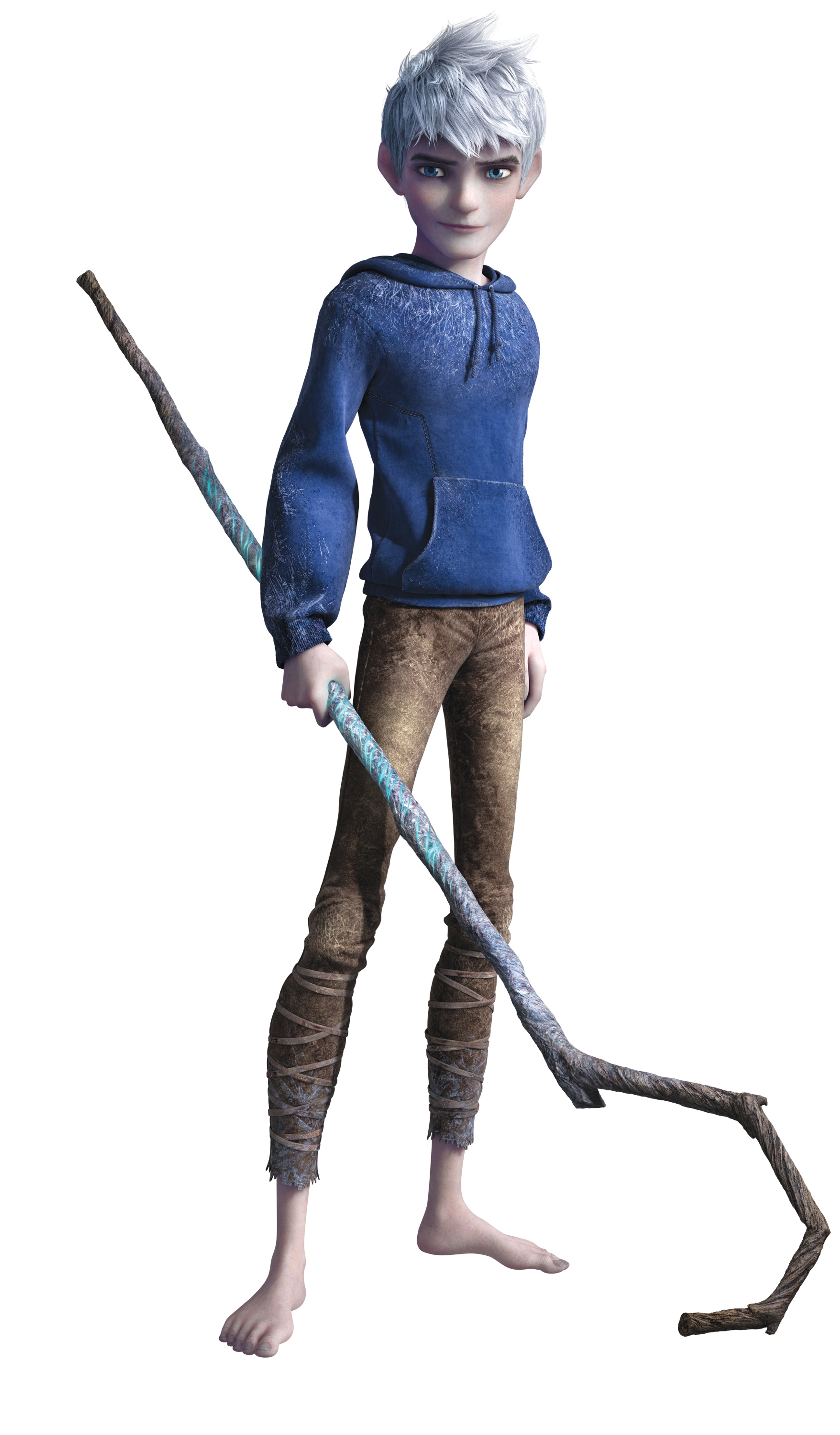 A young, winter-themed character with white hair and a blue hooded sweatshirt, holding a wooden staff.