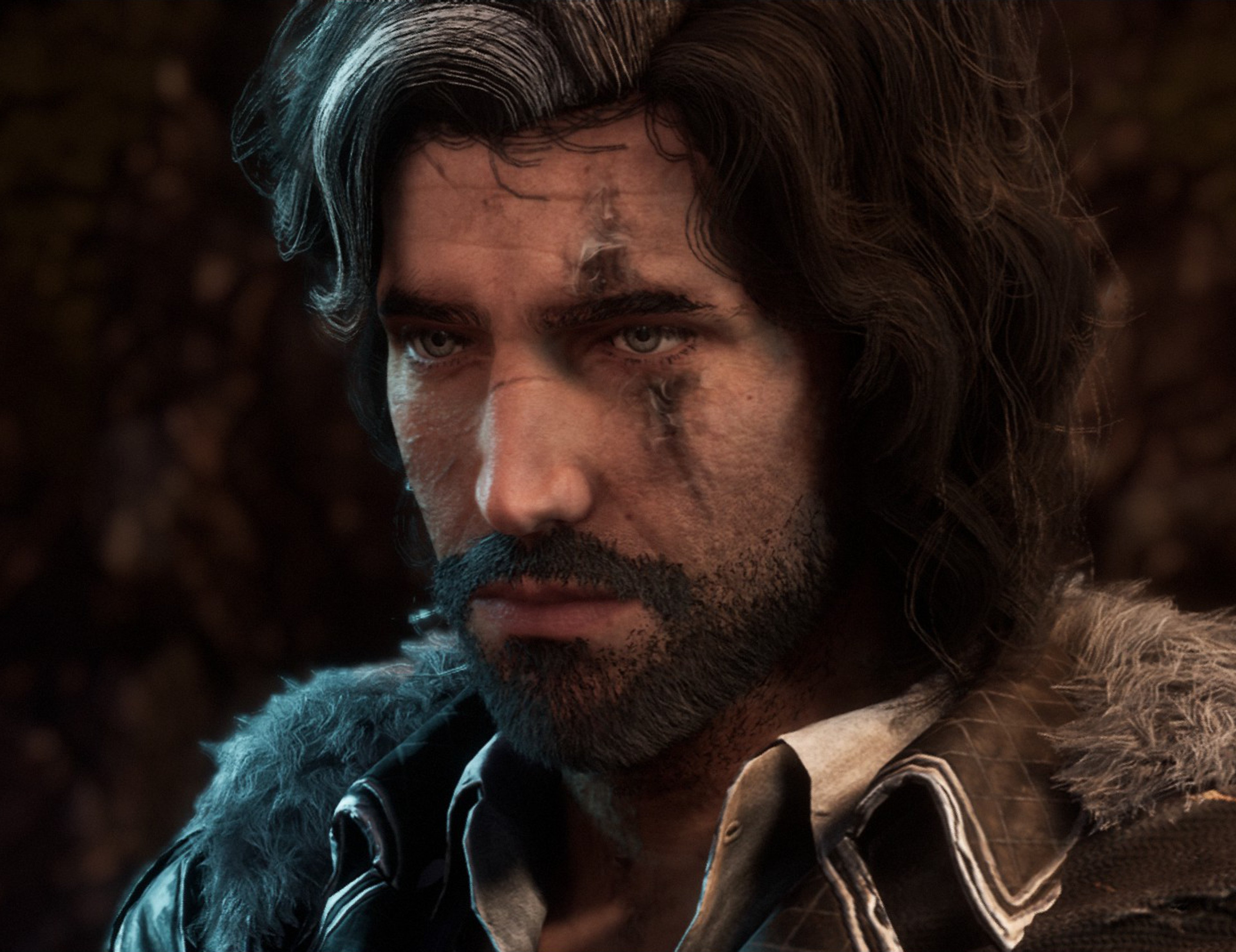 A man with long dark hair and a beard wearing a fur-lined coat