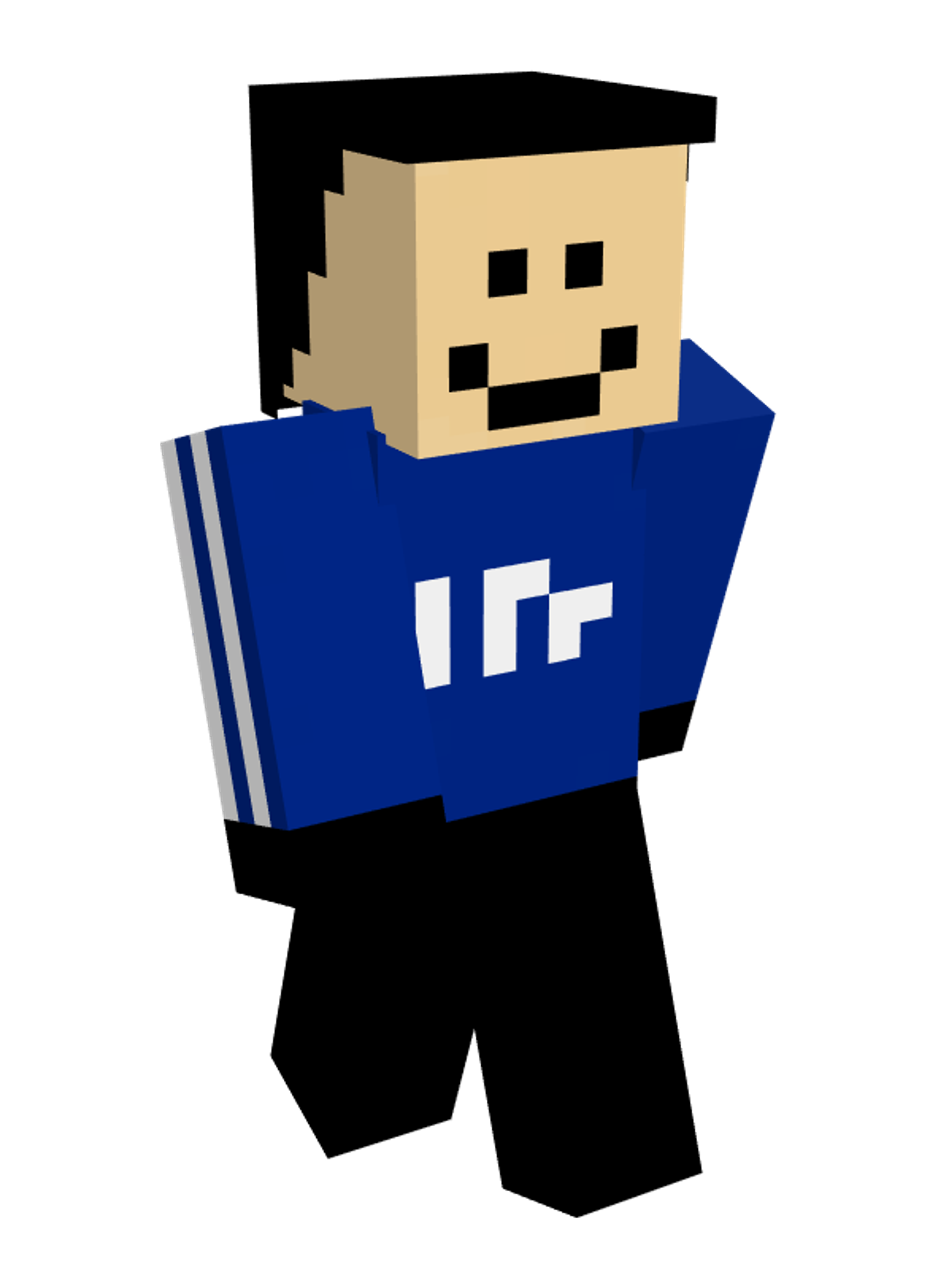 A cartoon character with a square head wearing a blue shirt with the number '16'