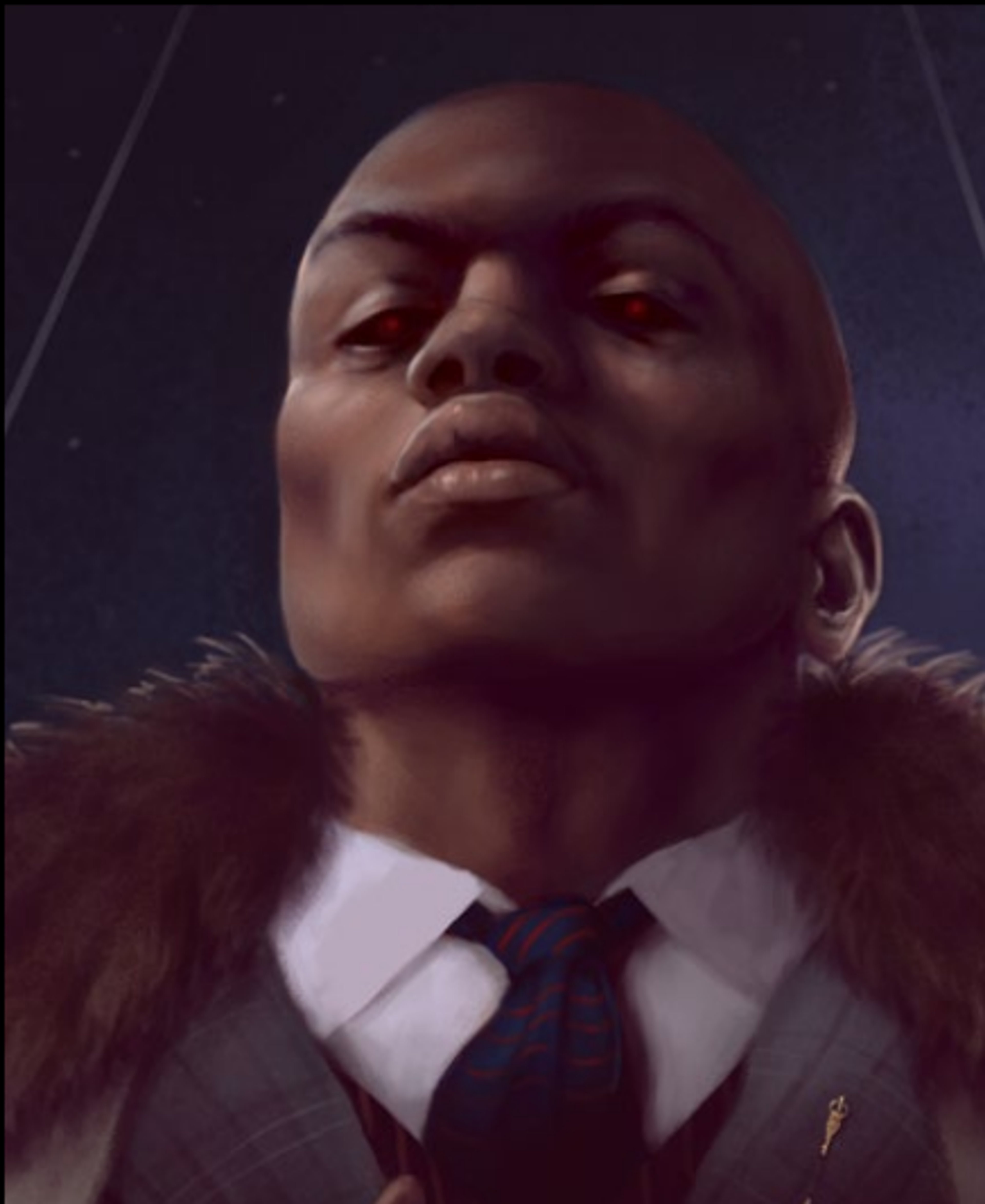 A close-up portrait of a bald, dark-skinned man in formal attire with a serious expression